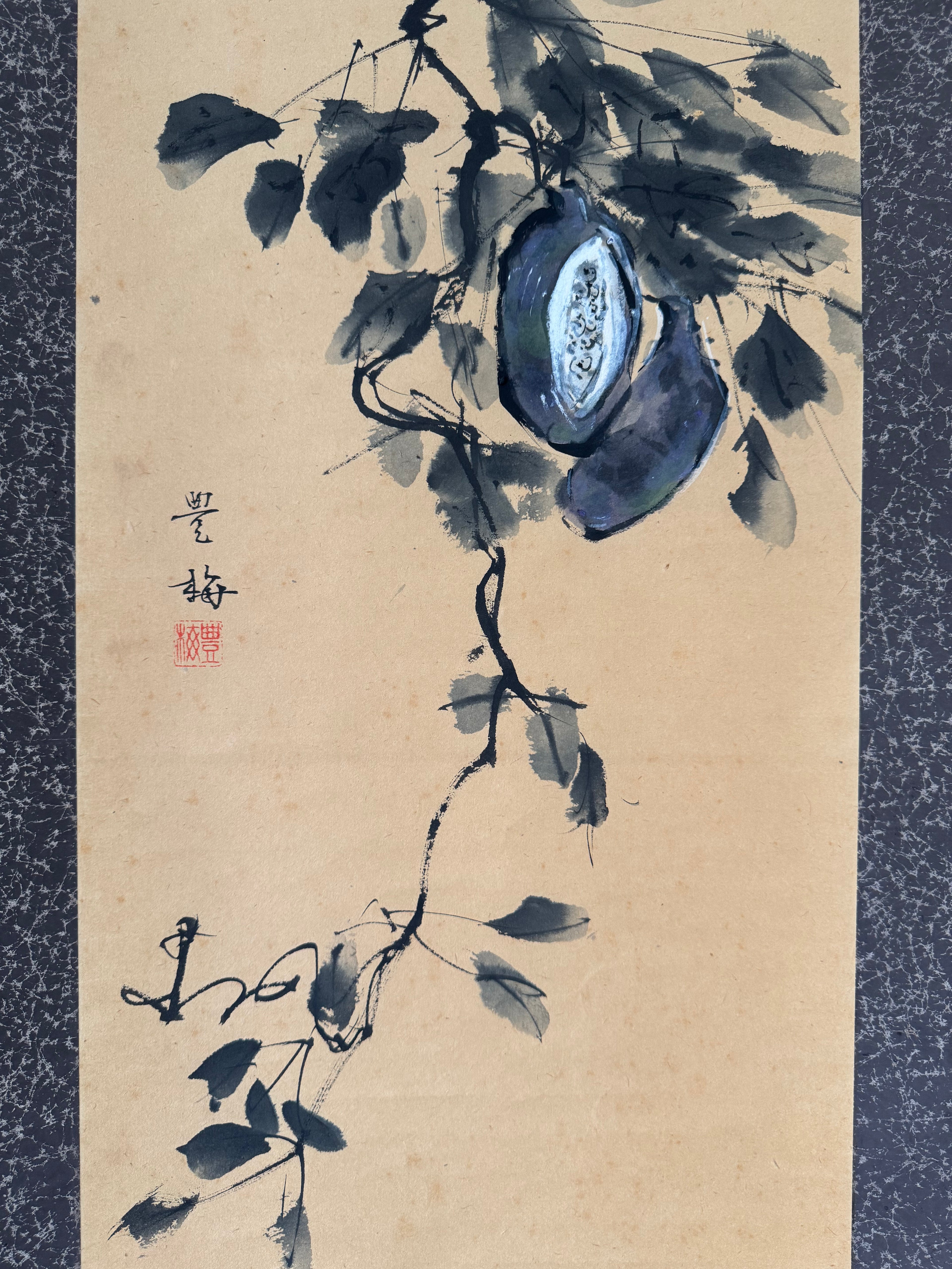 Vintage Japanese Akebi Fruit Hanging Scroll Painting – Sumi & Watercolor Kakemono