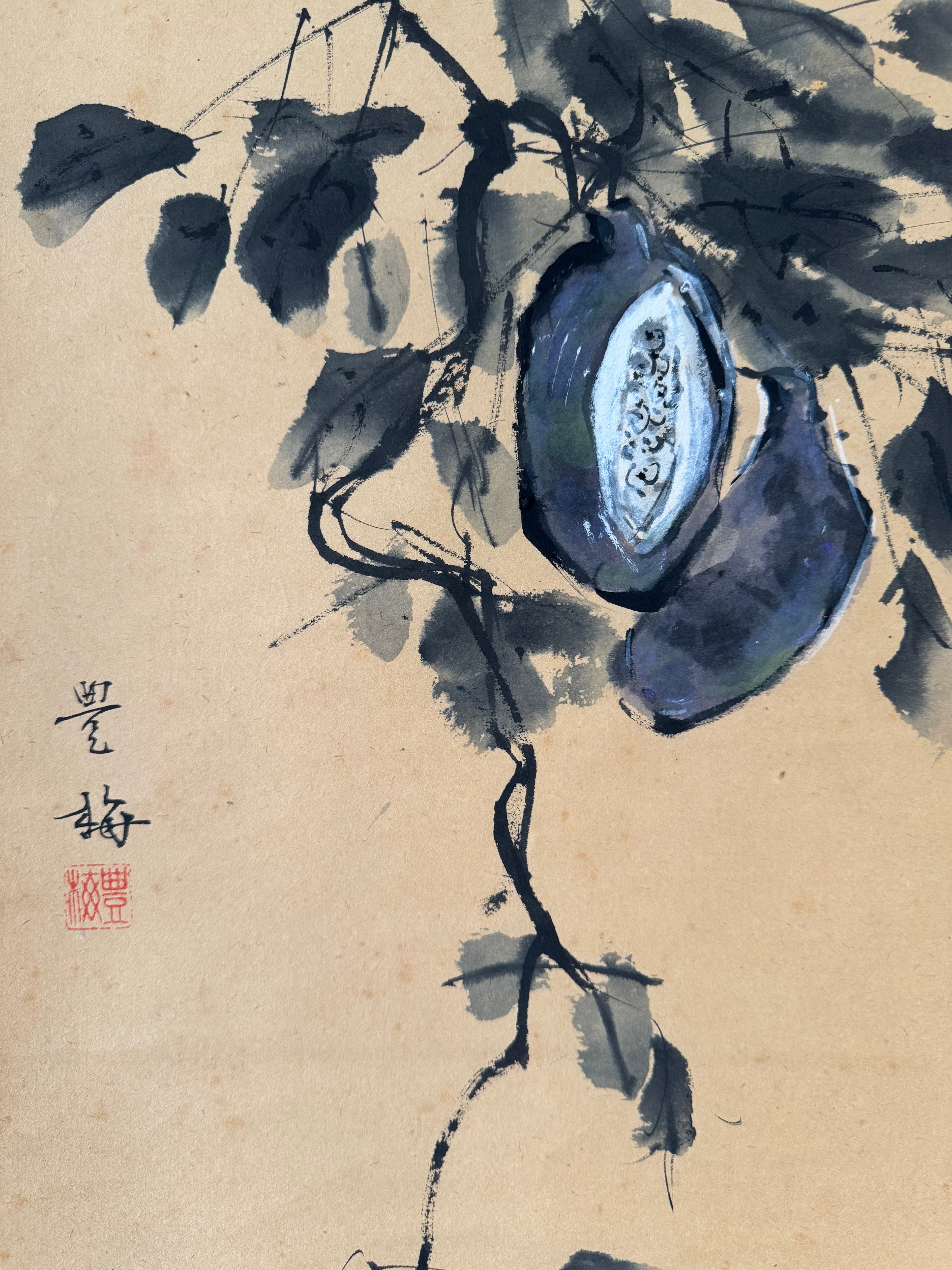 Vintage Japanese Akebi Fruit Hanging Scroll Painting – Sumi & Watercolor Kakemono