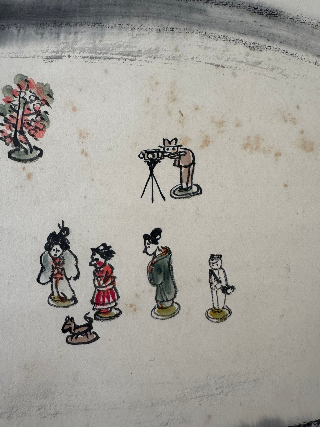 Japanese Kakemono Enso Circle Painting with Village Scene – Zen Folk Art Scroll