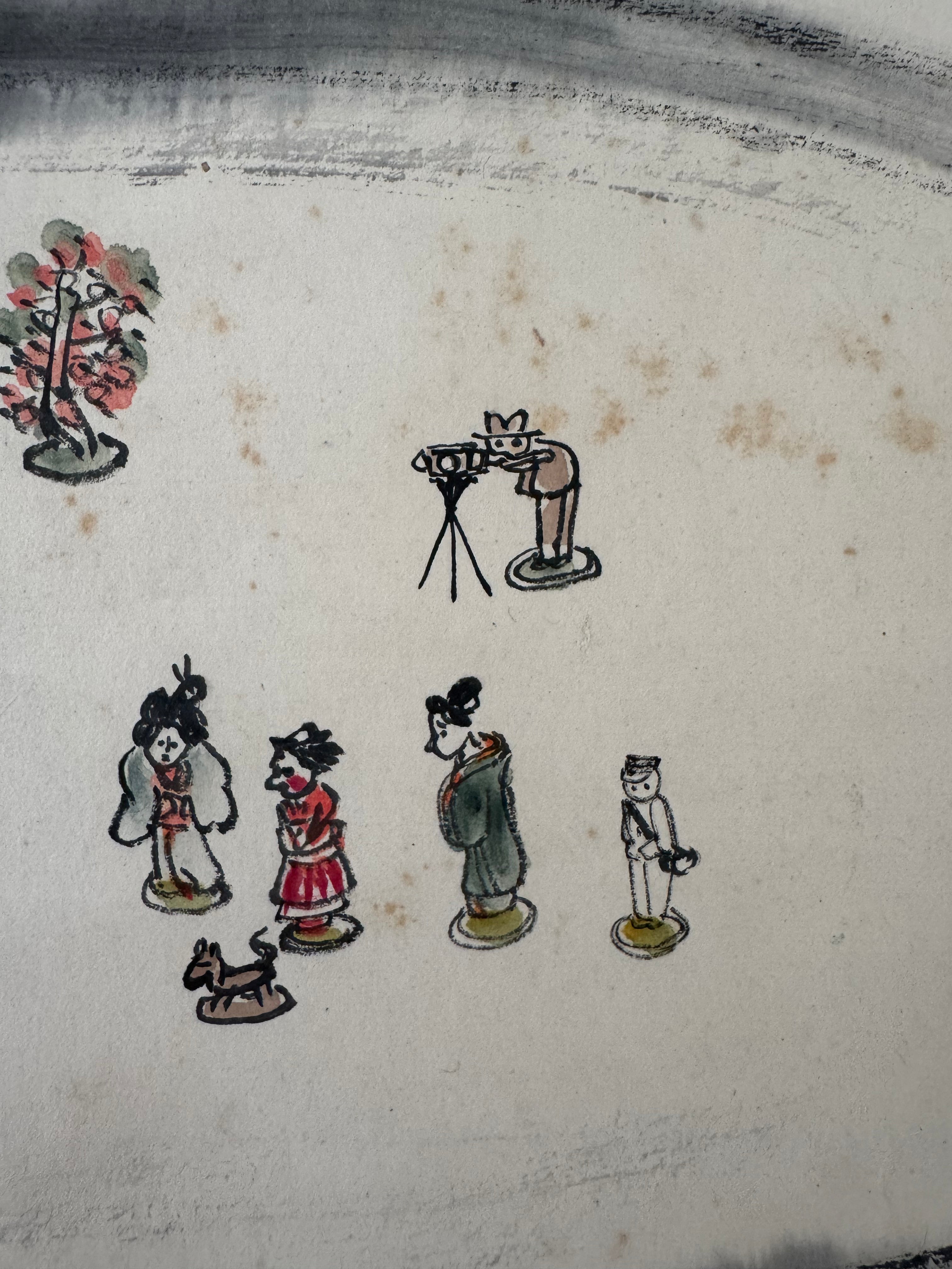 Japanese Kakemono Enso Circle Painting with Village Scene – Zen Folk Art Scroll