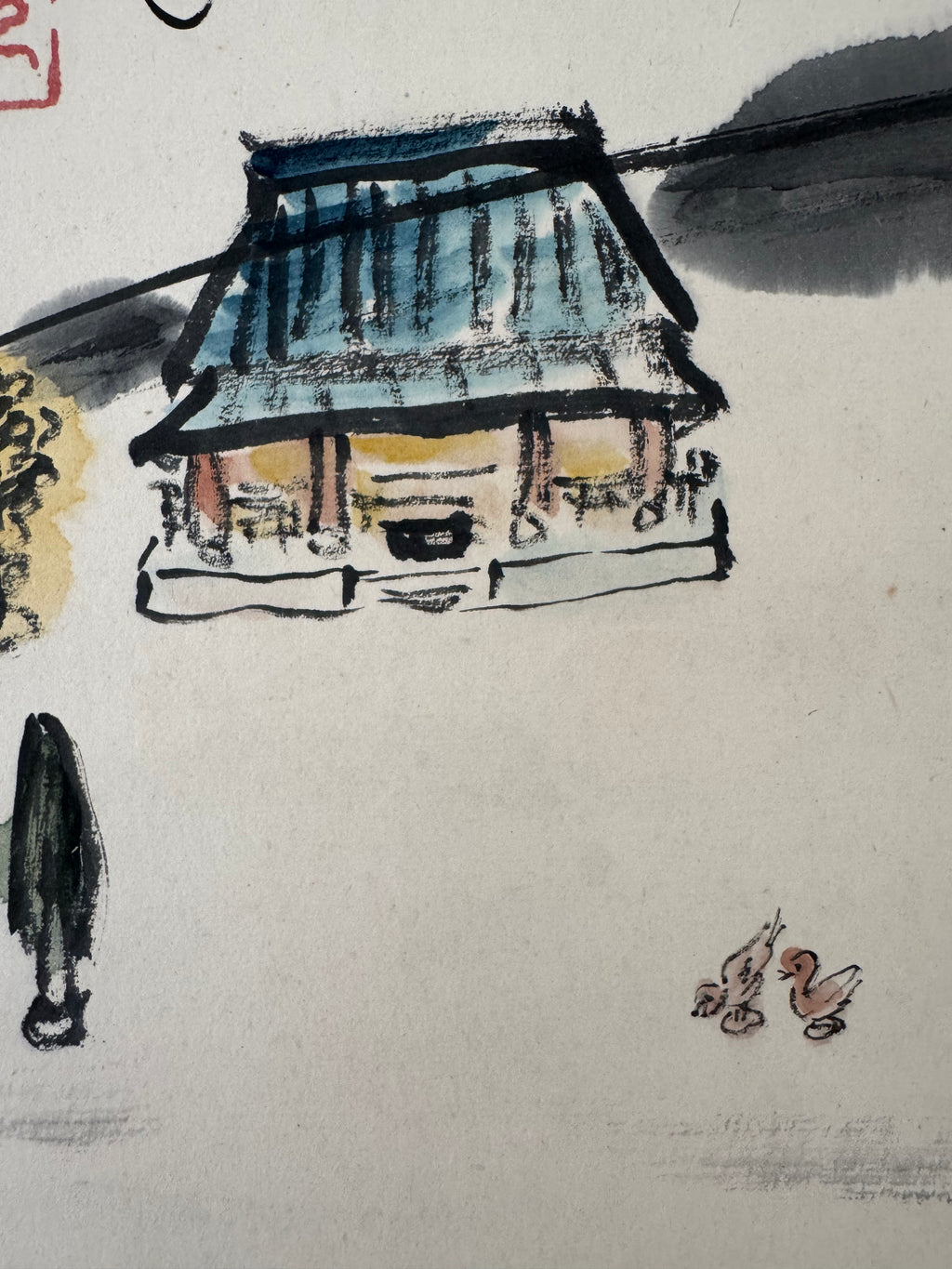 Japanese Kakemono Enso Circle Painting with Village Scene – Zen Folk Art Scroll