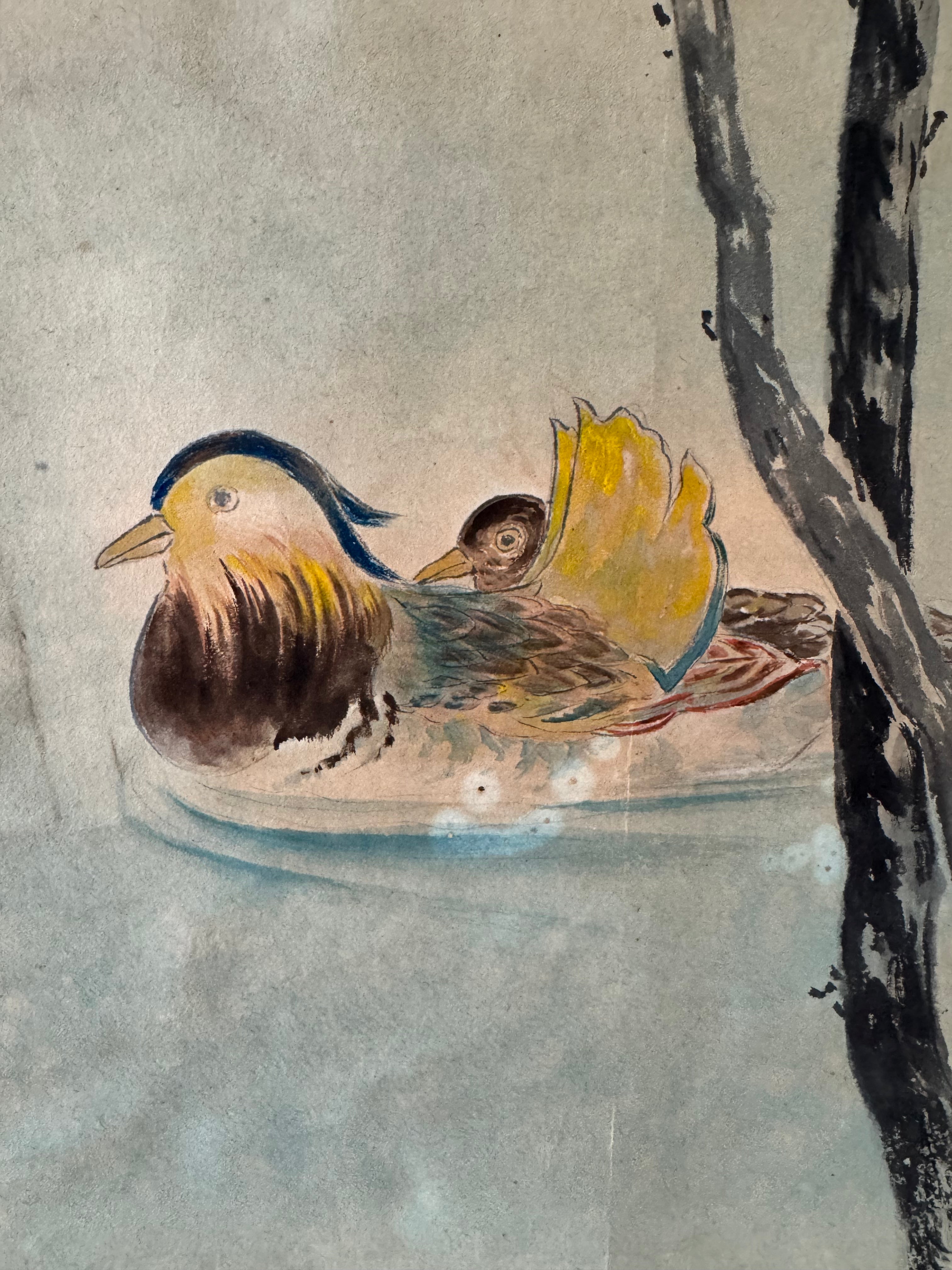 Japanese Nanten & Mandarin Ducks Hanging Scroll – Vintage Showa Nihonga Kakemono