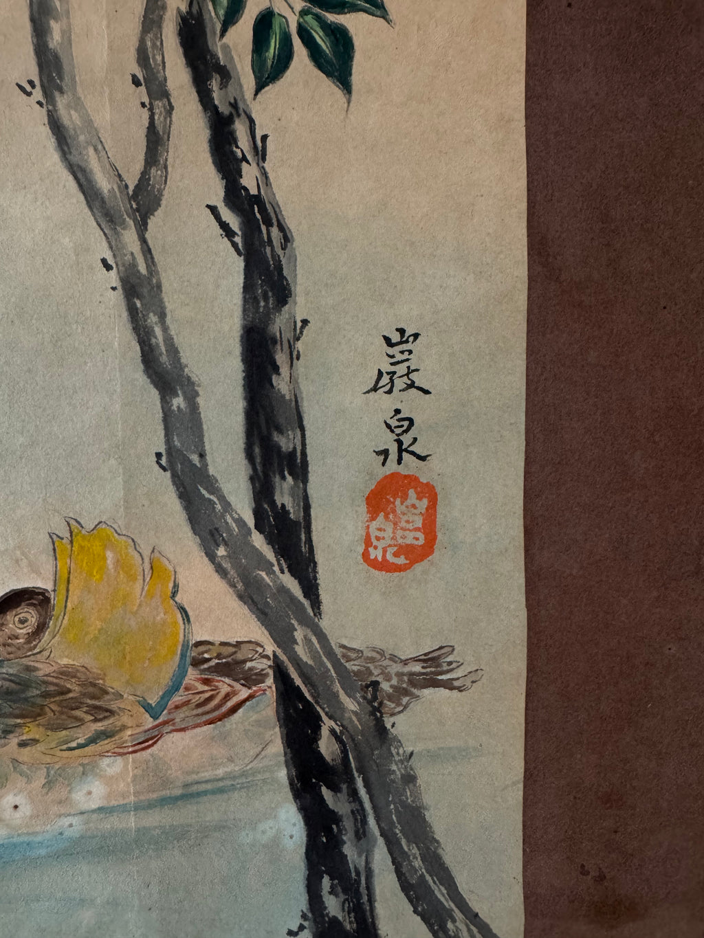 Japanese Nanten & Mandarin Ducks Hanging Scroll – Vintage Showa Nihonga Kakemono