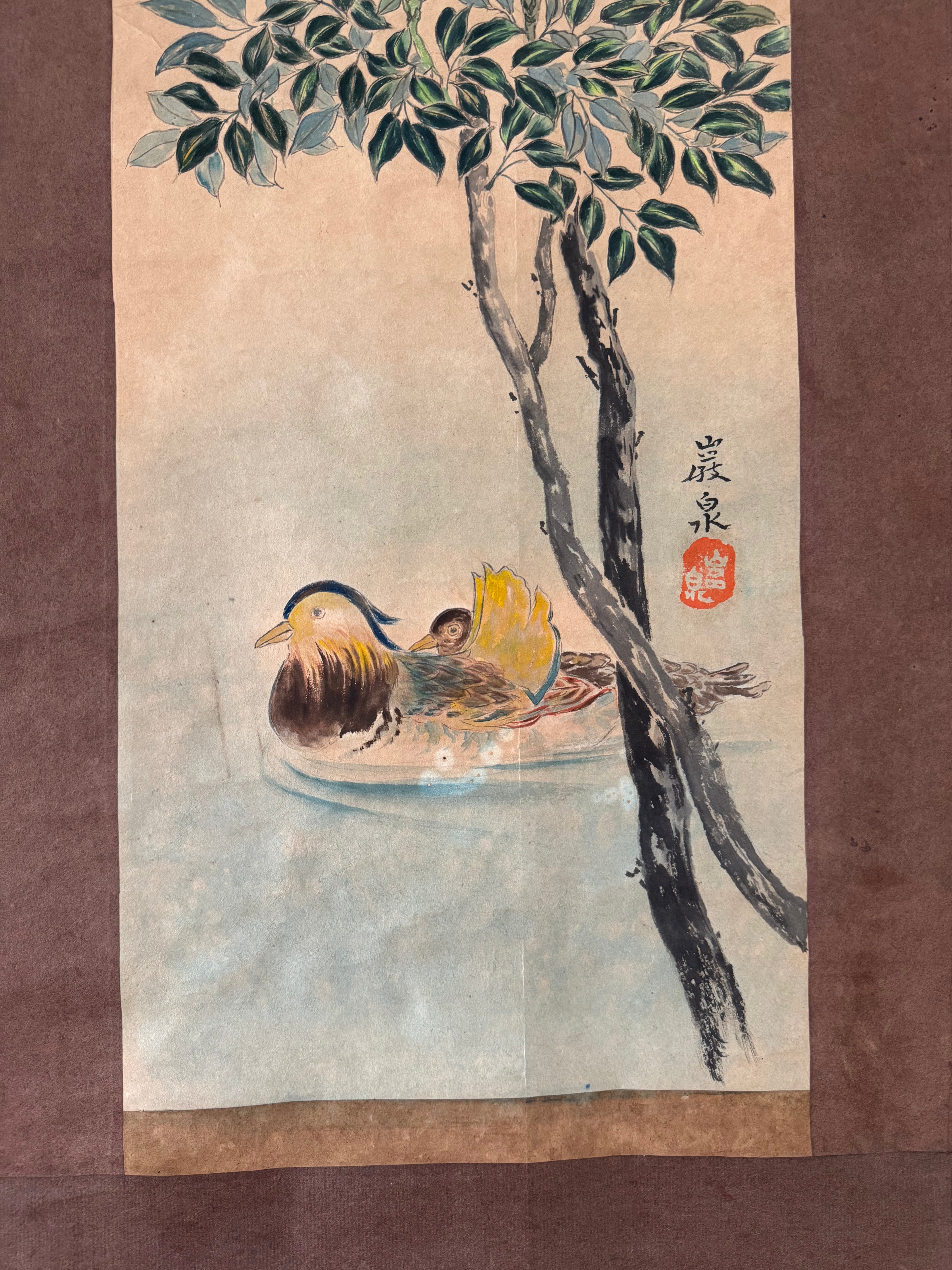 Japanese Nanten & Mandarin Ducks Hanging Scroll – Vintage Showa Nihonga Kakemono