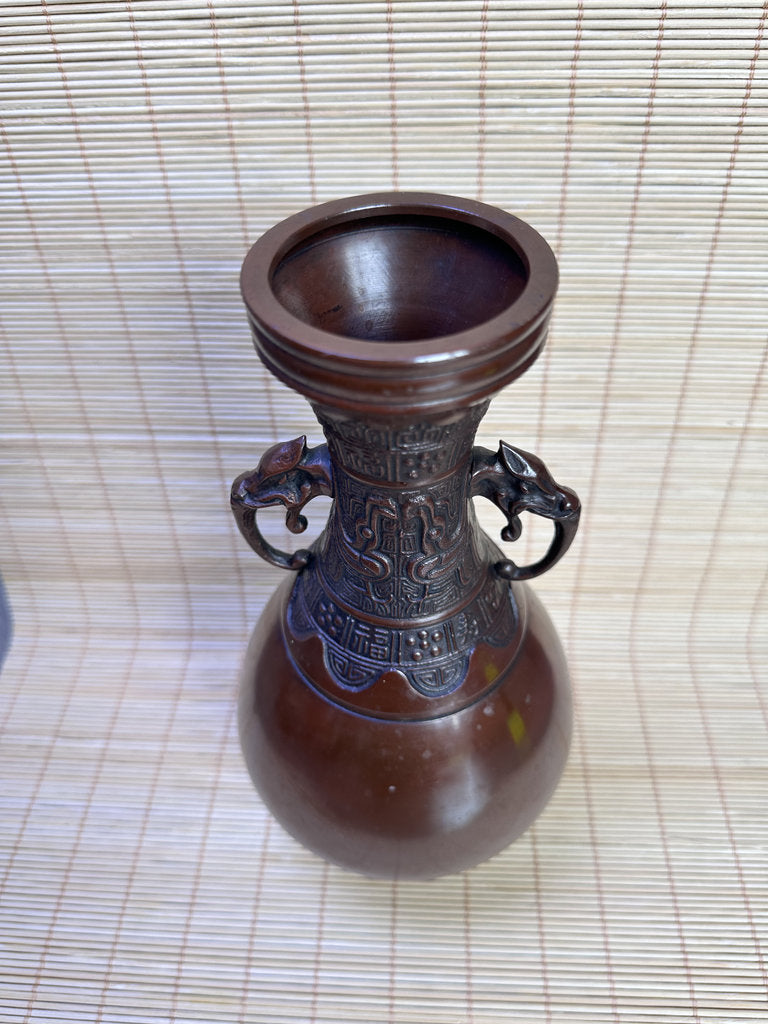 Japanese Bronze Commemorative Vase, Tomakomai Iwasaki Unyu, Dragon Handle