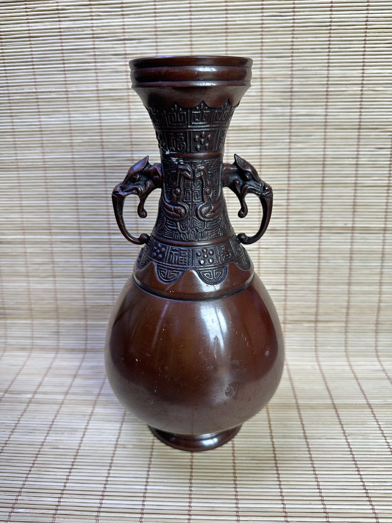 Japanese Bronze Commemorative Vase, Tomakomai Iwasaki Unyu, Dragon Handle