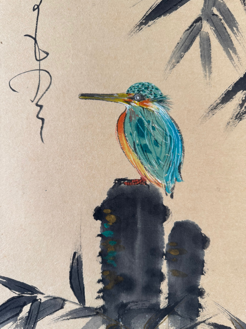 Japanese Kakemono Kingfisher & Bamboo Painting with Calligraphy – Original Hand-Painted Hanging Scroll, Showa Period Nihonga Style