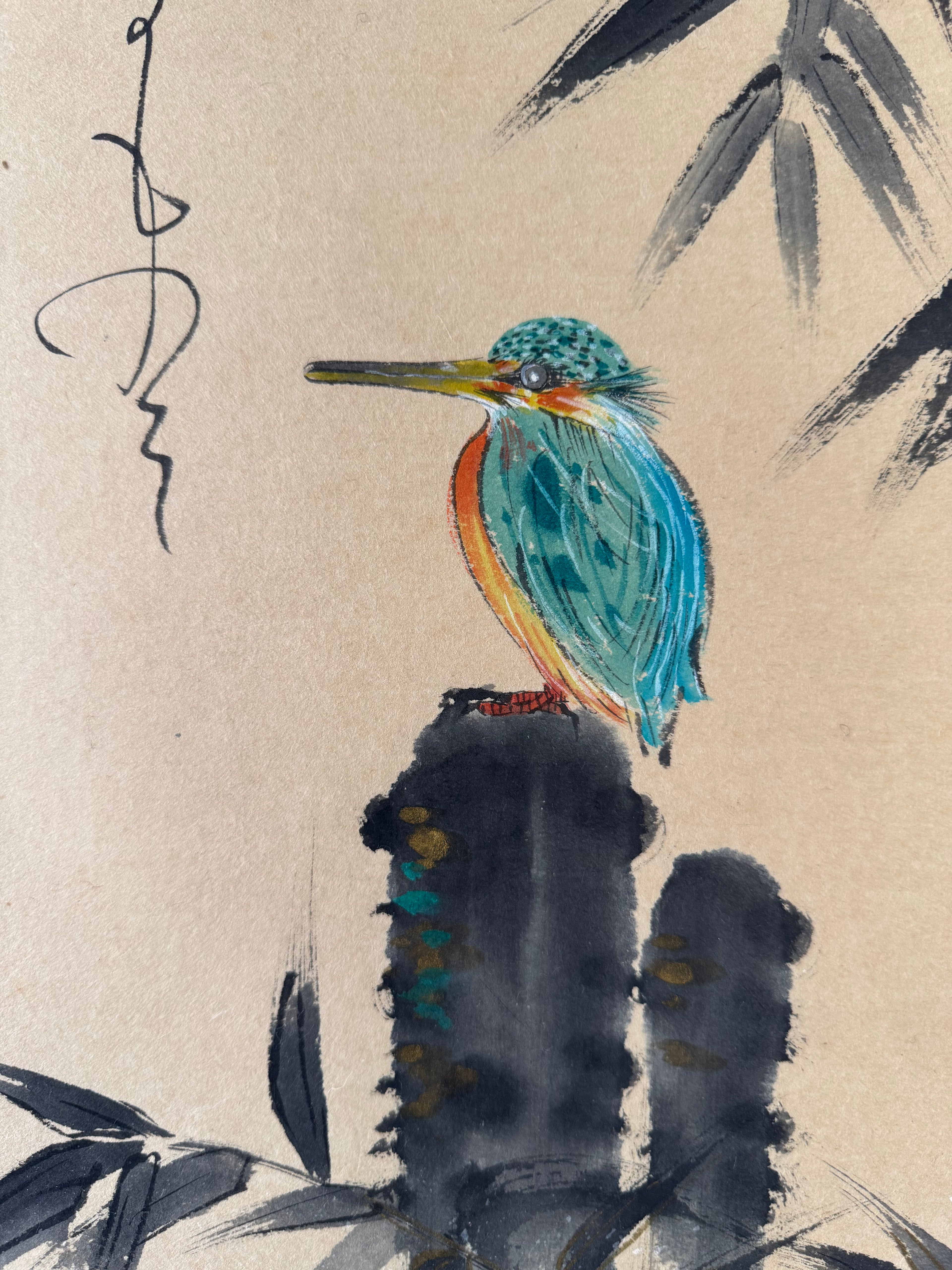 Japanese Kakemono Kingfisher & Bamboo Painting with Calligraphy – Original Hand-Painted Hanging Scroll, Showa Period Nihonga Style
