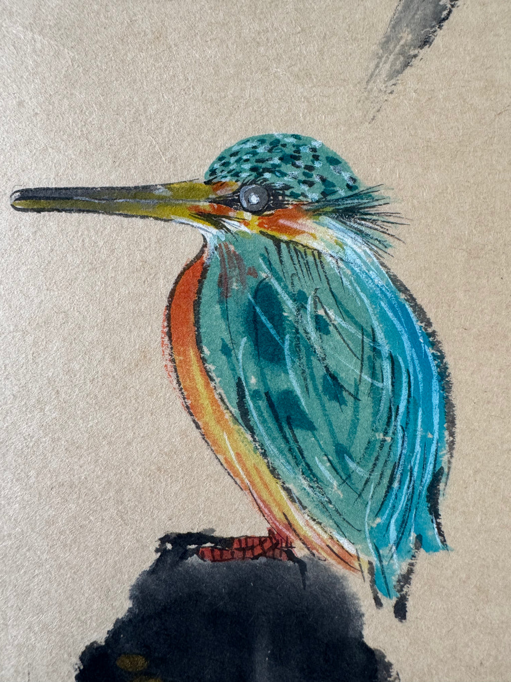 Japanese Kakemono Kingfisher & Bamboo Painting with Calligraphy – Original Hand-Painted Hanging Scroll, Showa Period Nihonga Style