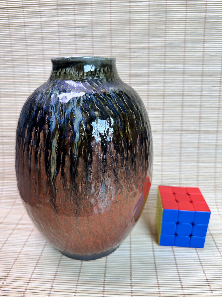 Vintage Mashiko Ware Vase, Kaki Persimmon and Black Drip Glaze