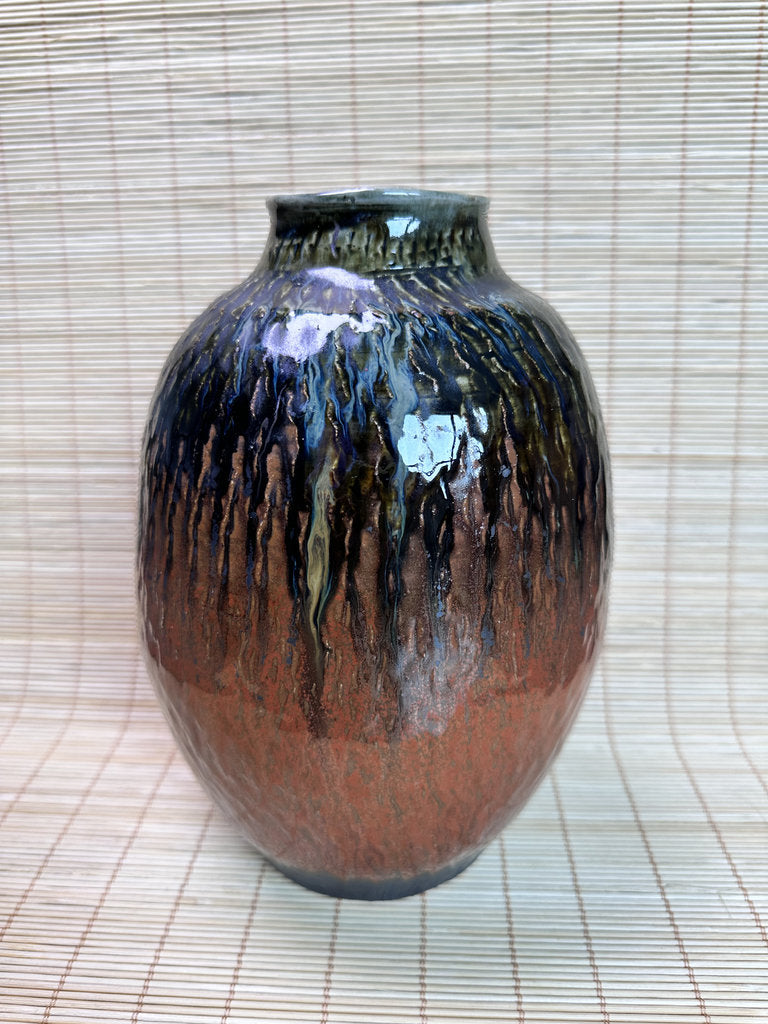 Vintage Mashiko Ware Vase, Kaki Persimmon and Black Drip Glaze