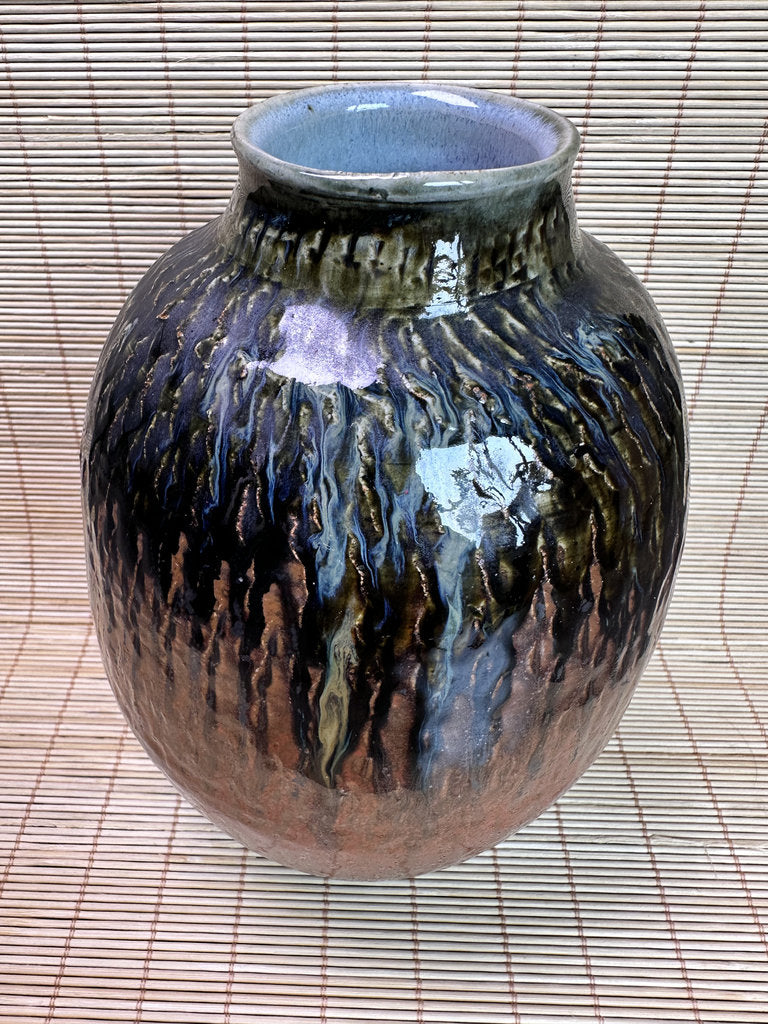 Vintage Mashiko Ware Vase, Kaki Persimmon and Black Drip Glaze