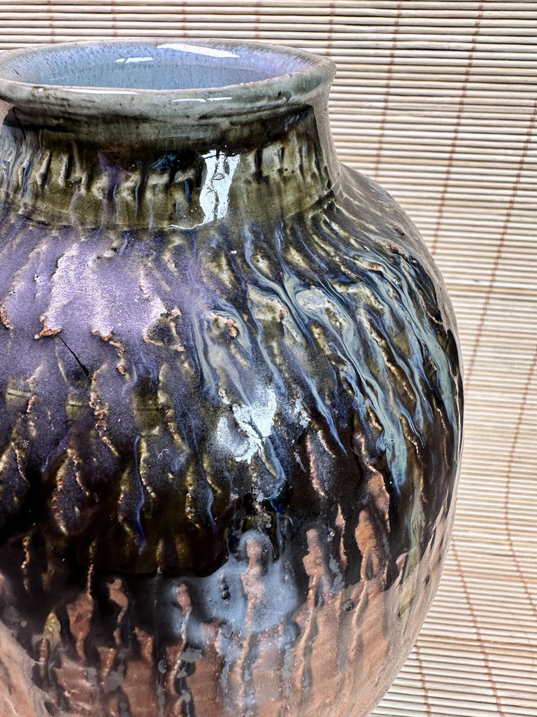 Vintage Mashiko Ware Vase, Kaki Persimmon and Black Drip Glaze
