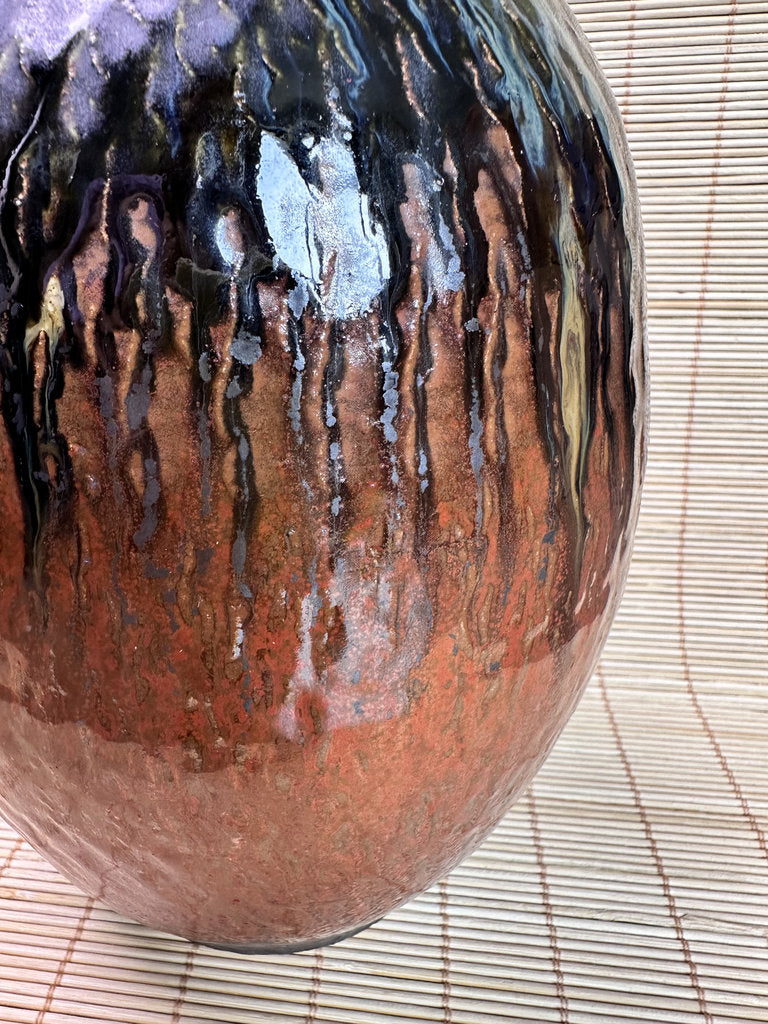 Vintage Mashiko Ware Vase, Kaki Persimmon and Black Drip Glaze