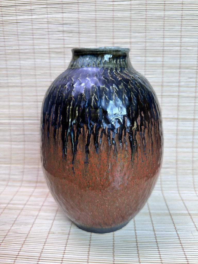 Vintage Mashiko Ware Vase, Kaki Persimmon and Black Drip Glaze