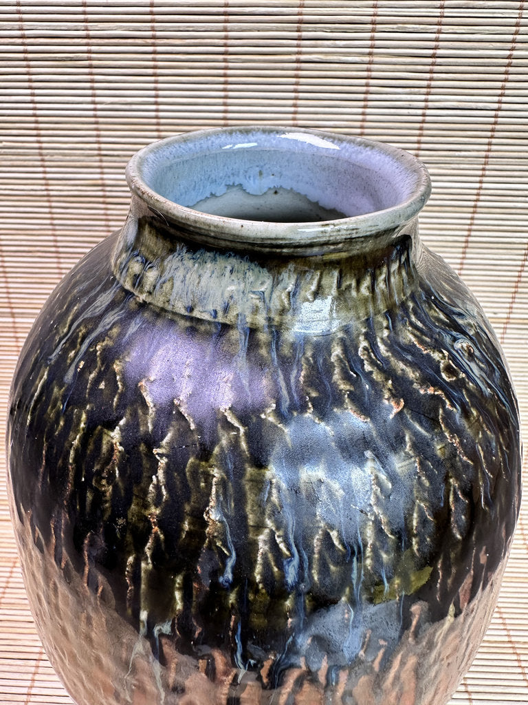 Vintage Mashiko Ware Vase, Kaki Persimmon and Black Drip Glaze