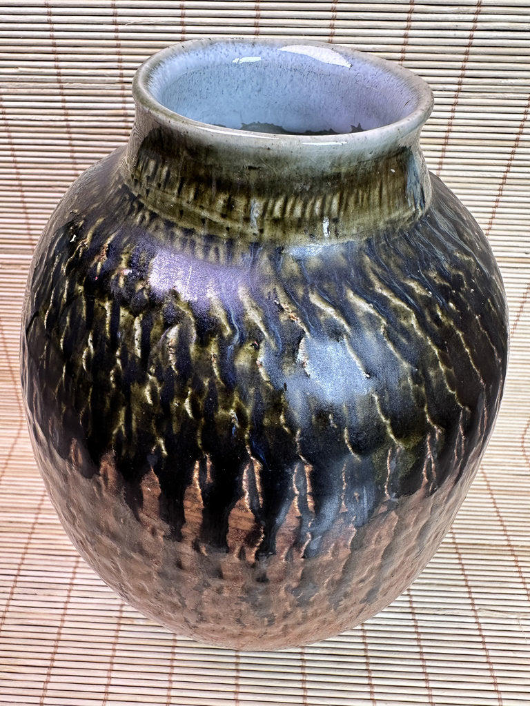 Vintage Mashiko Ware Vase, Kaki Persimmon and Black Drip Glaze