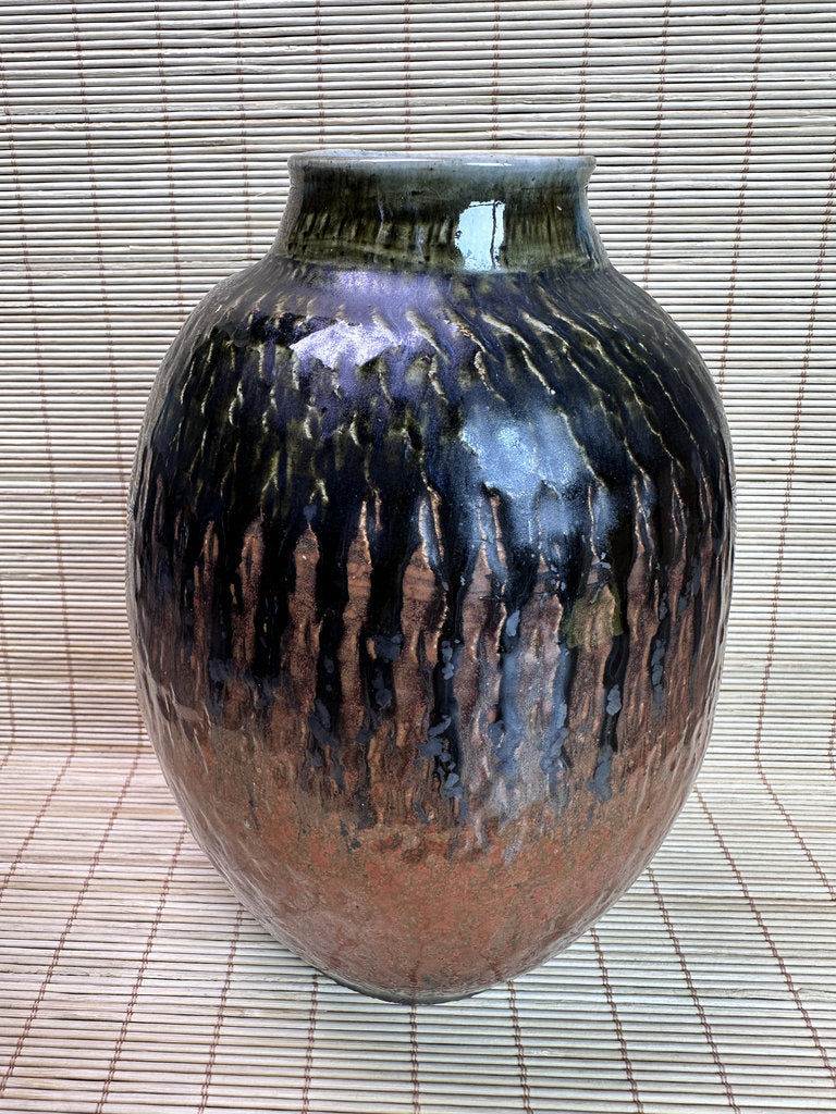 Vintage Mashiko Ware Vase, Kaki Persimmon and Black Drip Glaze