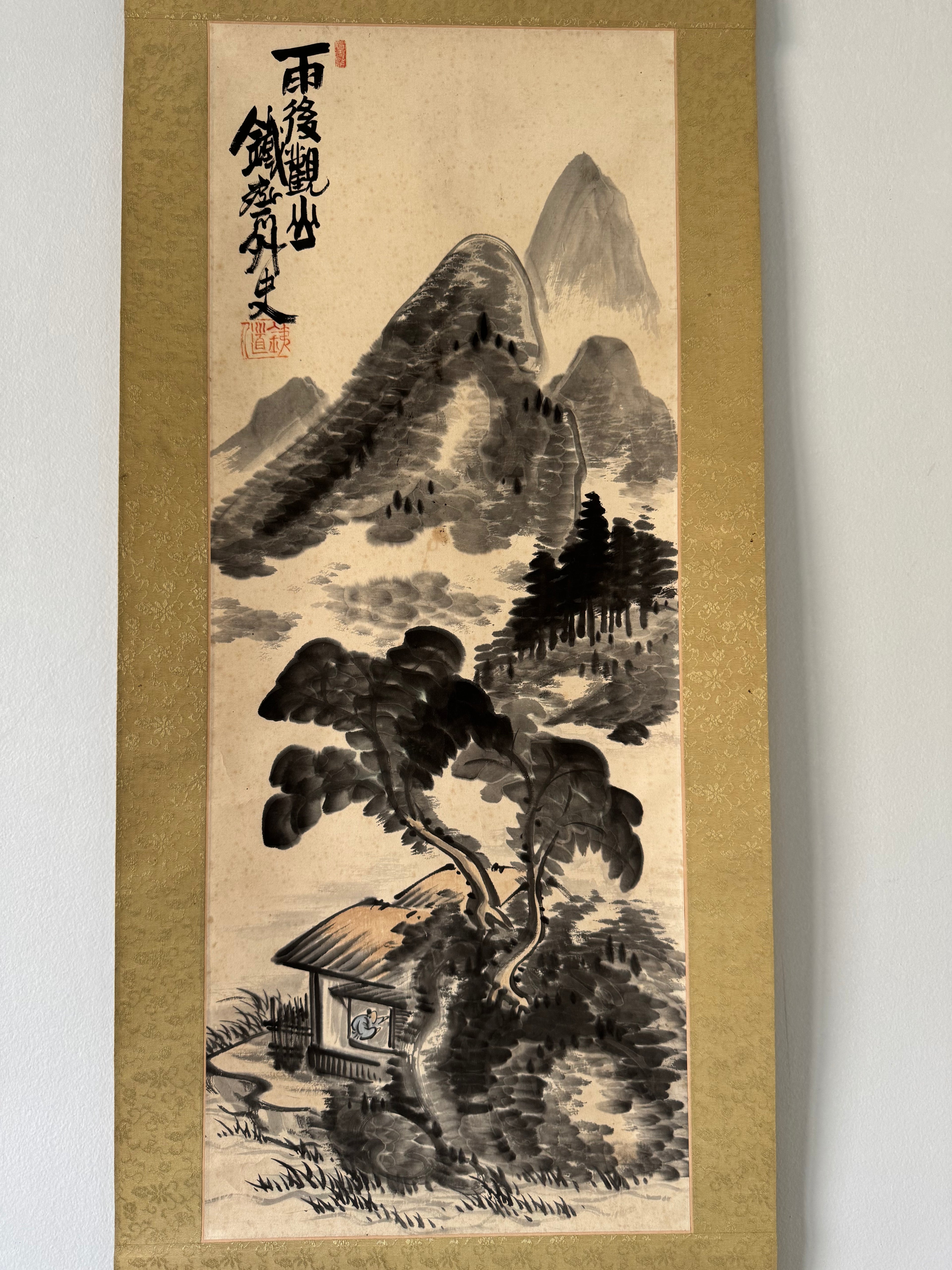 Japanese Sumi Ink Landscape Kakemono with Calligraphy – Mountain & Pavilion Hanging Scroll, Original Showa Period Style
