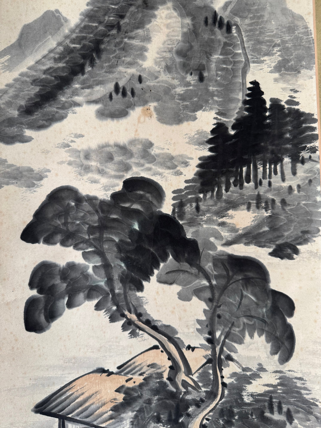 Japanese Sumi Ink Landscape Kakemono with Calligraphy – Mountain & Pavilion Hanging Scroll, Original Showa Period Style
