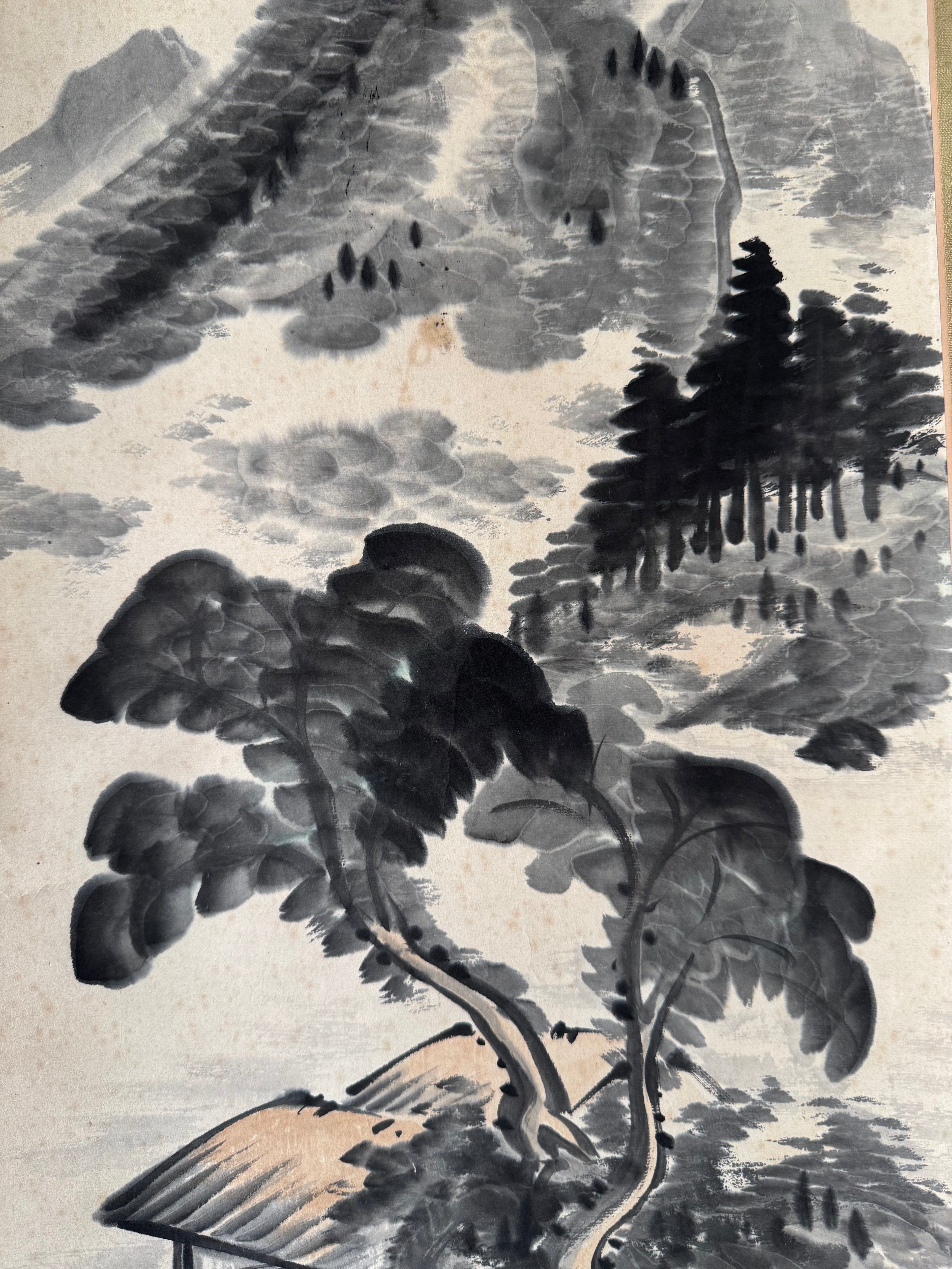 Japanese Sumi Ink Landscape Kakemono with Calligraphy – Mountain & Pavilion Hanging Scroll, Original Showa Period Style