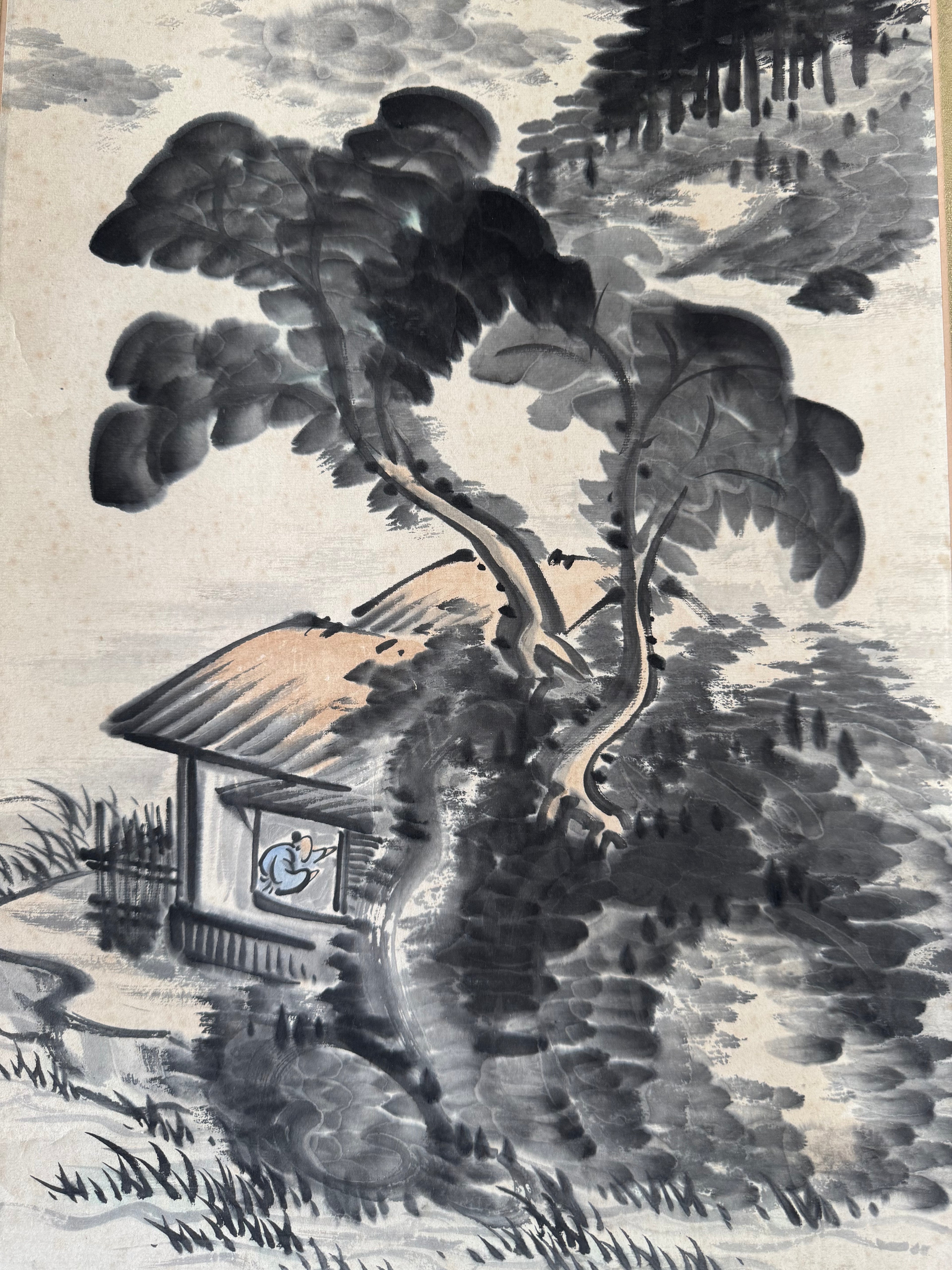 Japanese Sumi Ink Landscape Kakemono with Calligraphy – Mountain & Pavilion Hanging Scroll, Original Showa Period Style