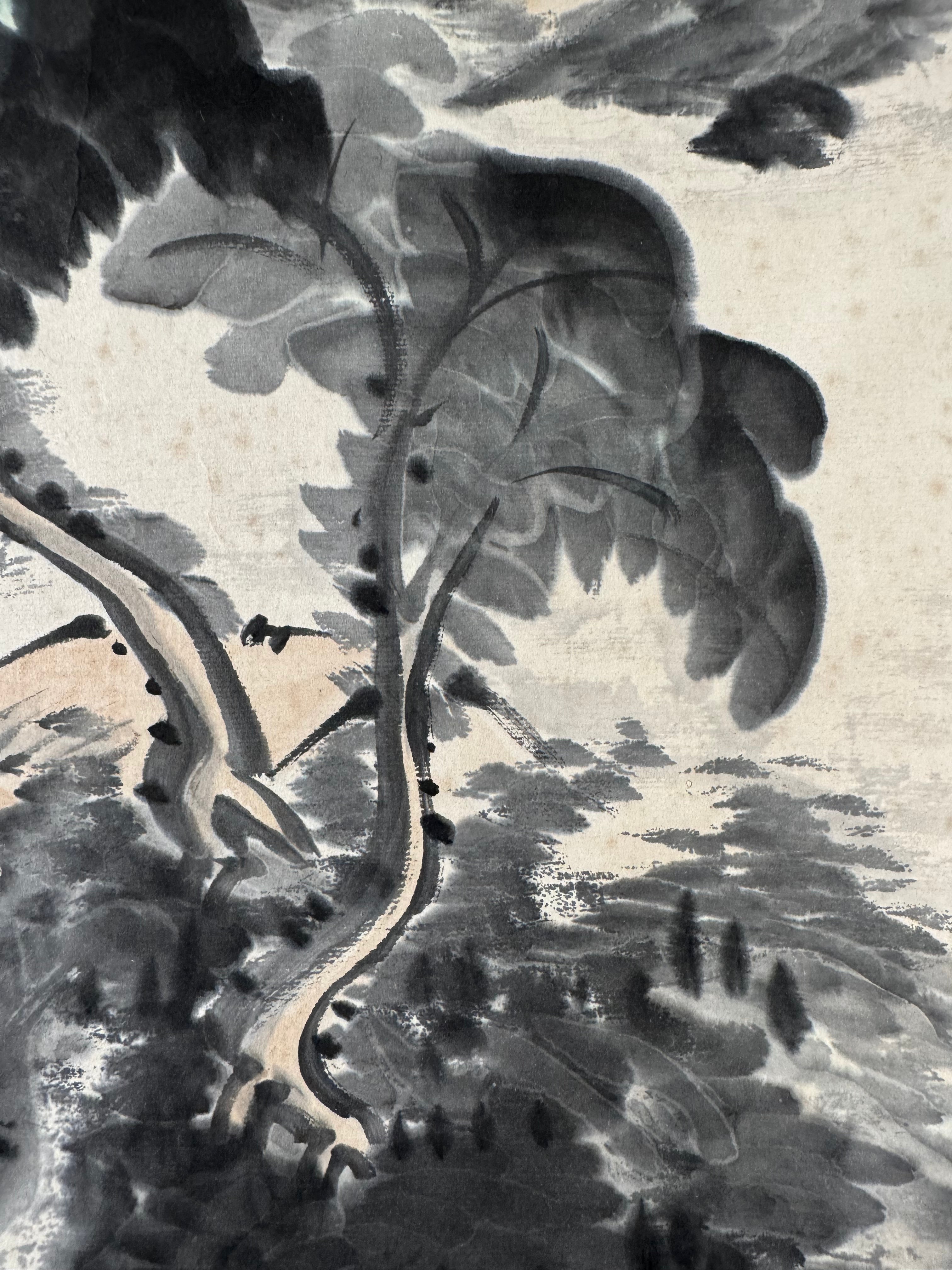 Japanese Sumi Ink Landscape Kakemono with Calligraphy – Mountain & Pavilion Hanging Scroll, Original Showa Period Style