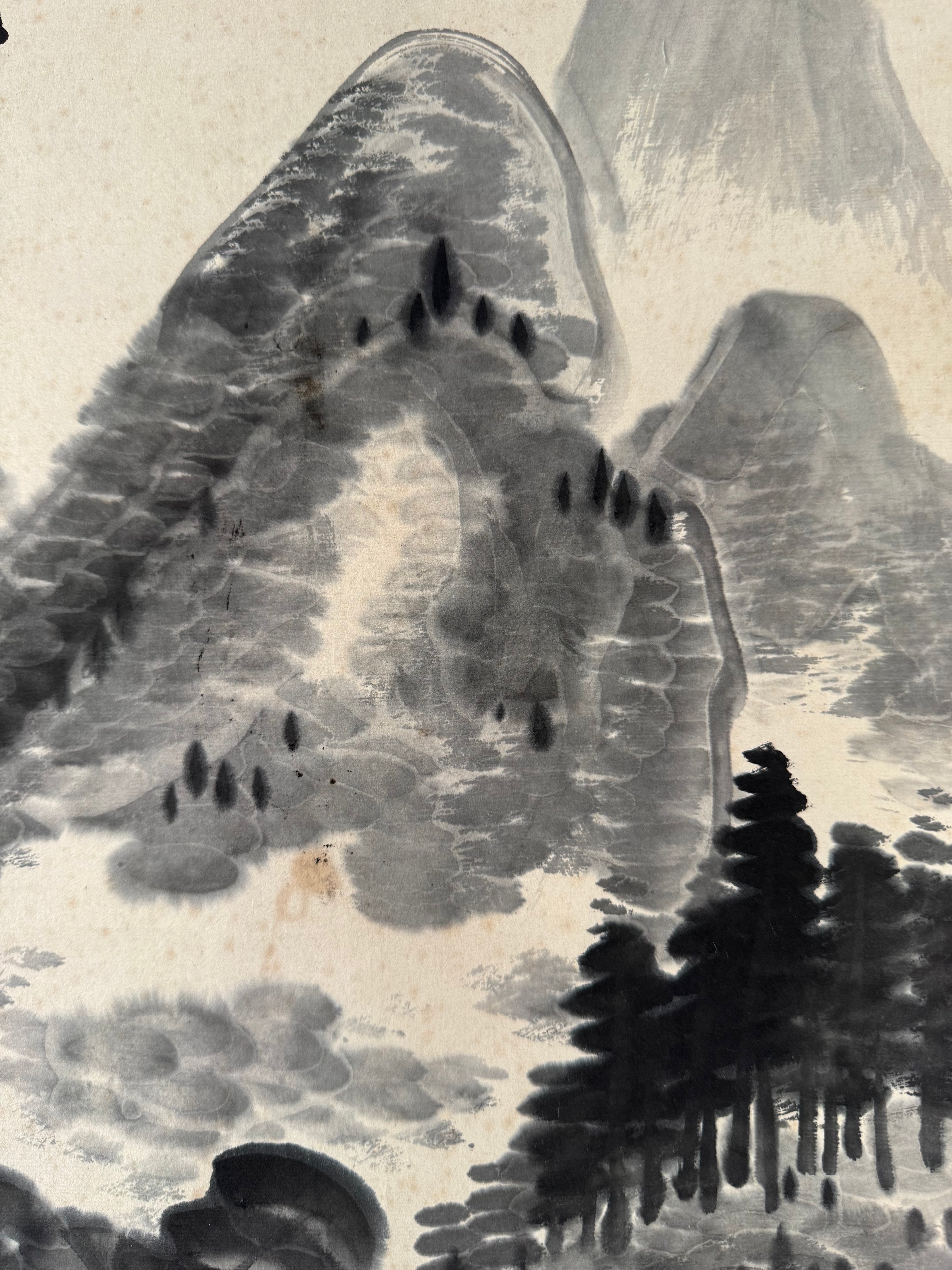 Japanese Sumi Ink Landscape Kakemono with Calligraphy – Mountain & Pavilion Hanging Scroll, Original Showa Period Style