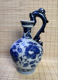 Vintage Japanese Blue and White Porcelain Ewer, Dragon Handle Peony Design