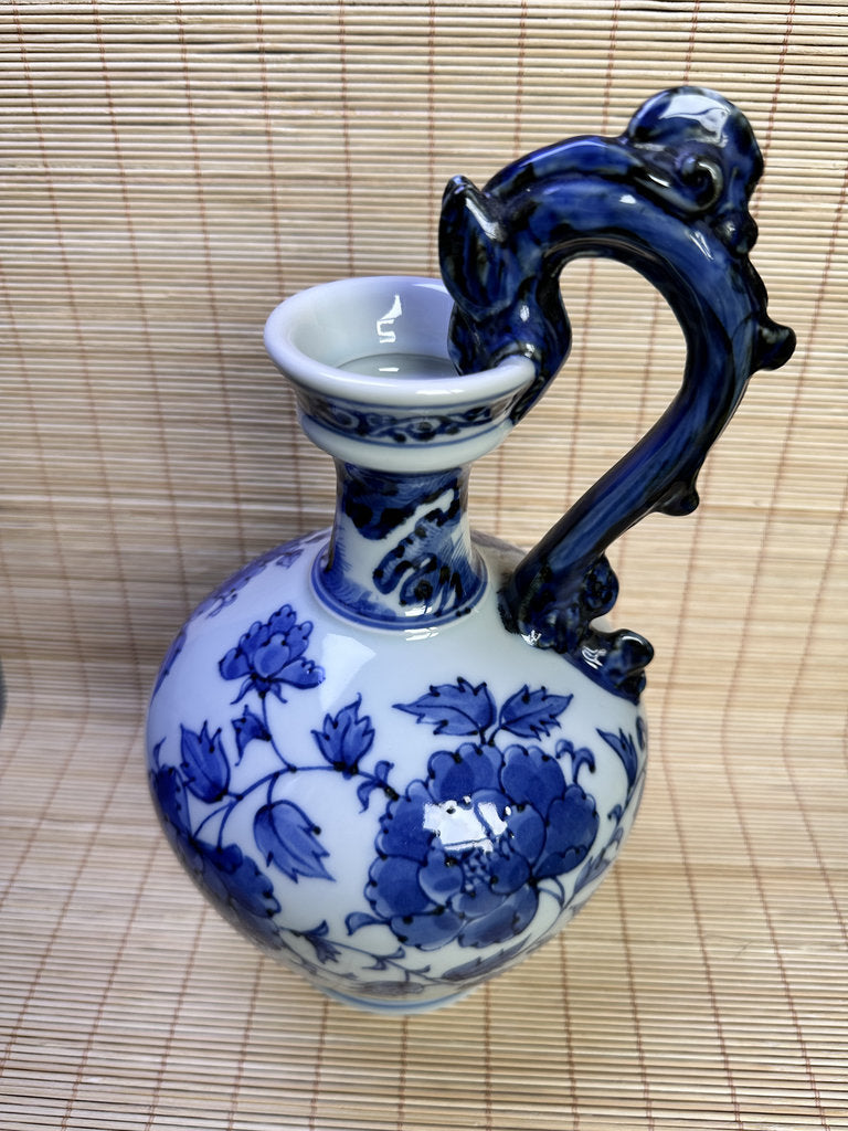Vintage Japanese Blue and White Porcelain Ewer, Dragon Handle Peony Design