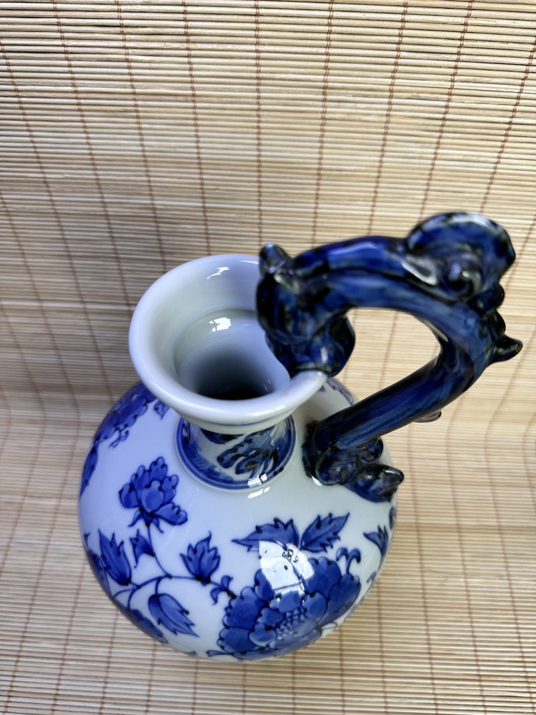 Vintage Japanese Blue and White Porcelain Ewer, Dragon Handle Peony Design