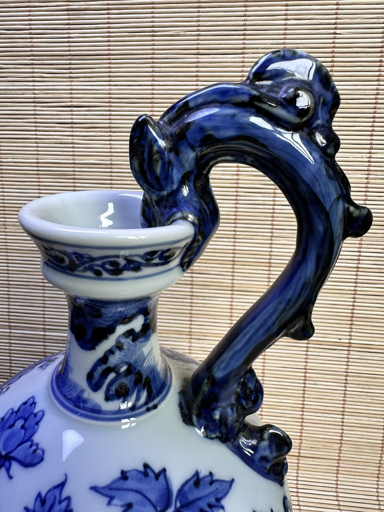 Vintage Japanese Blue and White Porcelain Ewer, Dragon Handle Peony Design