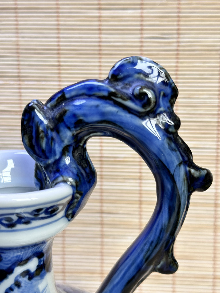 Vintage Japanese Blue and White Porcelain Ewer, Dragon Handle Peony Design