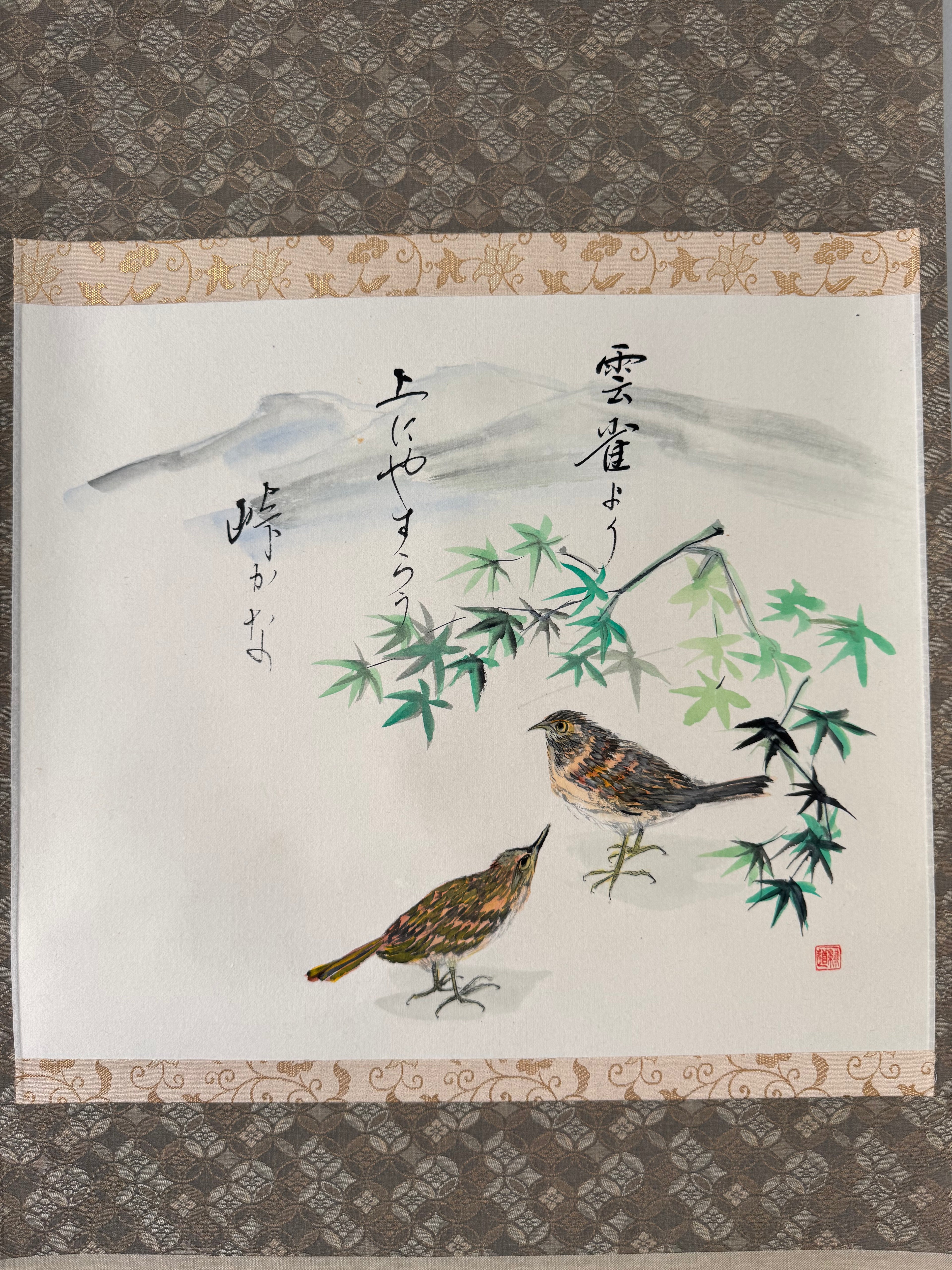 Japanese Kakemono with Two Birds & Maple Leaves – Hand-Painted Nature Hanging Scroll with Calligraphy