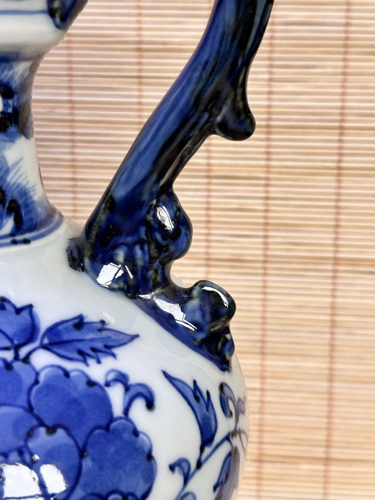 Vintage Japanese Blue and White Porcelain Ewer, Dragon Handle Peony Design