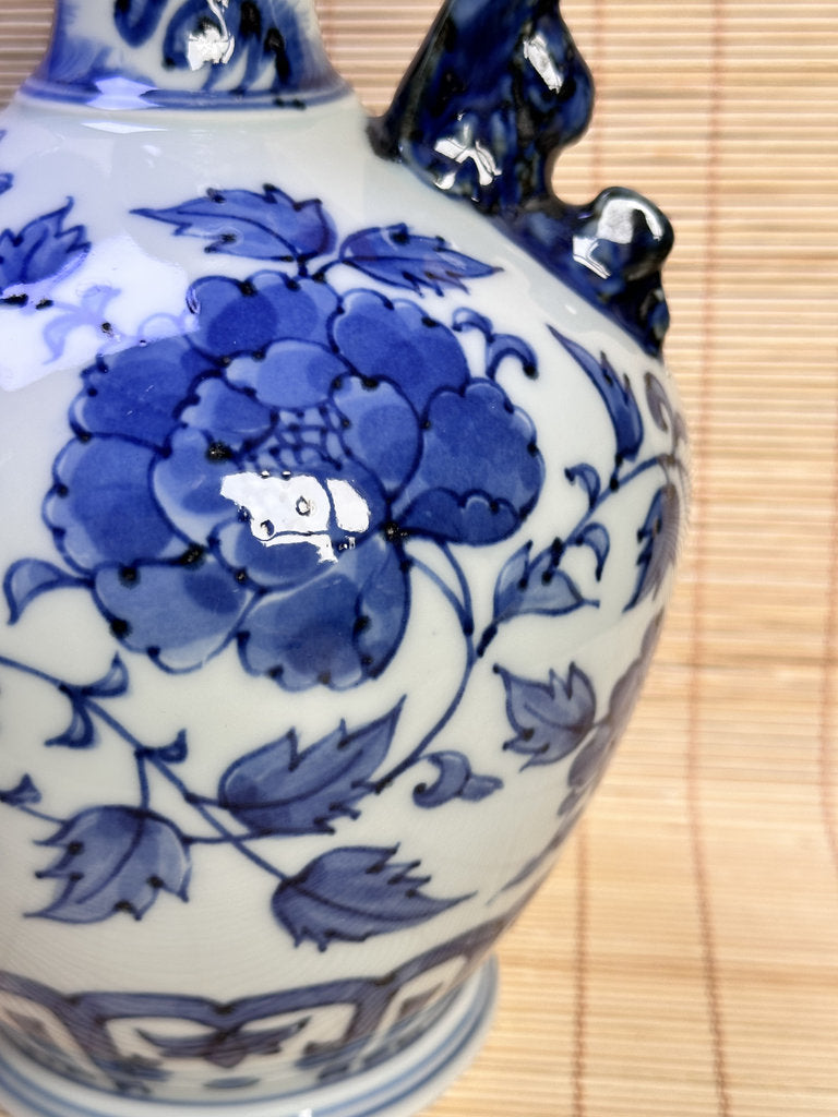 Vintage Japanese Blue and White Porcelain Ewer, Dragon Handle Peony Design