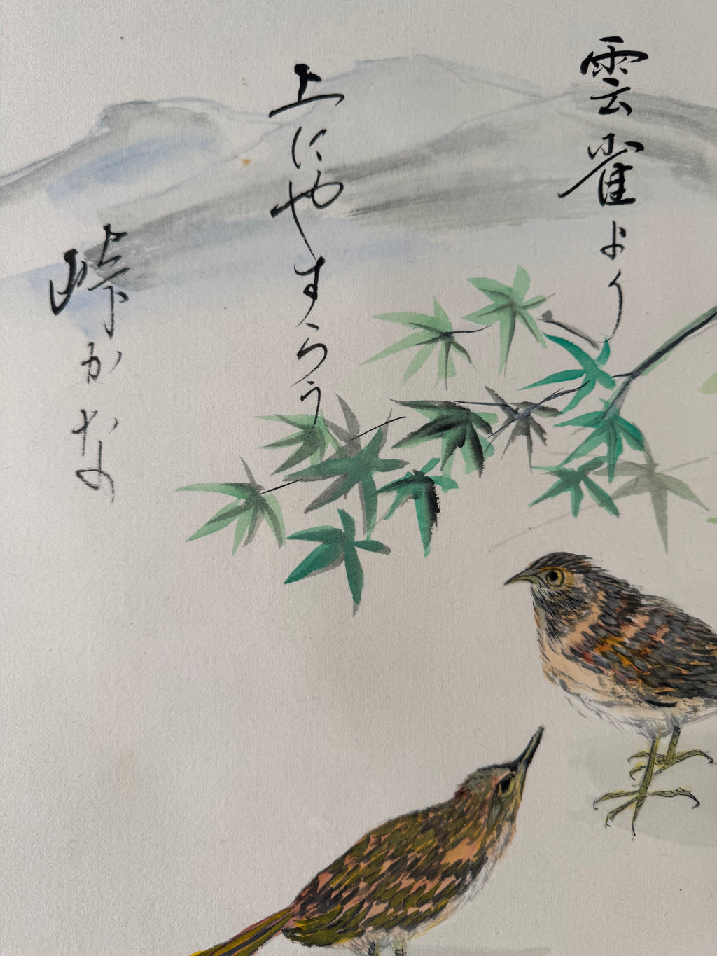 Japanese Kakemono with Two Birds & Maple Leaves – Hand-Painted Nature Hanging Scroll with Calligraphy