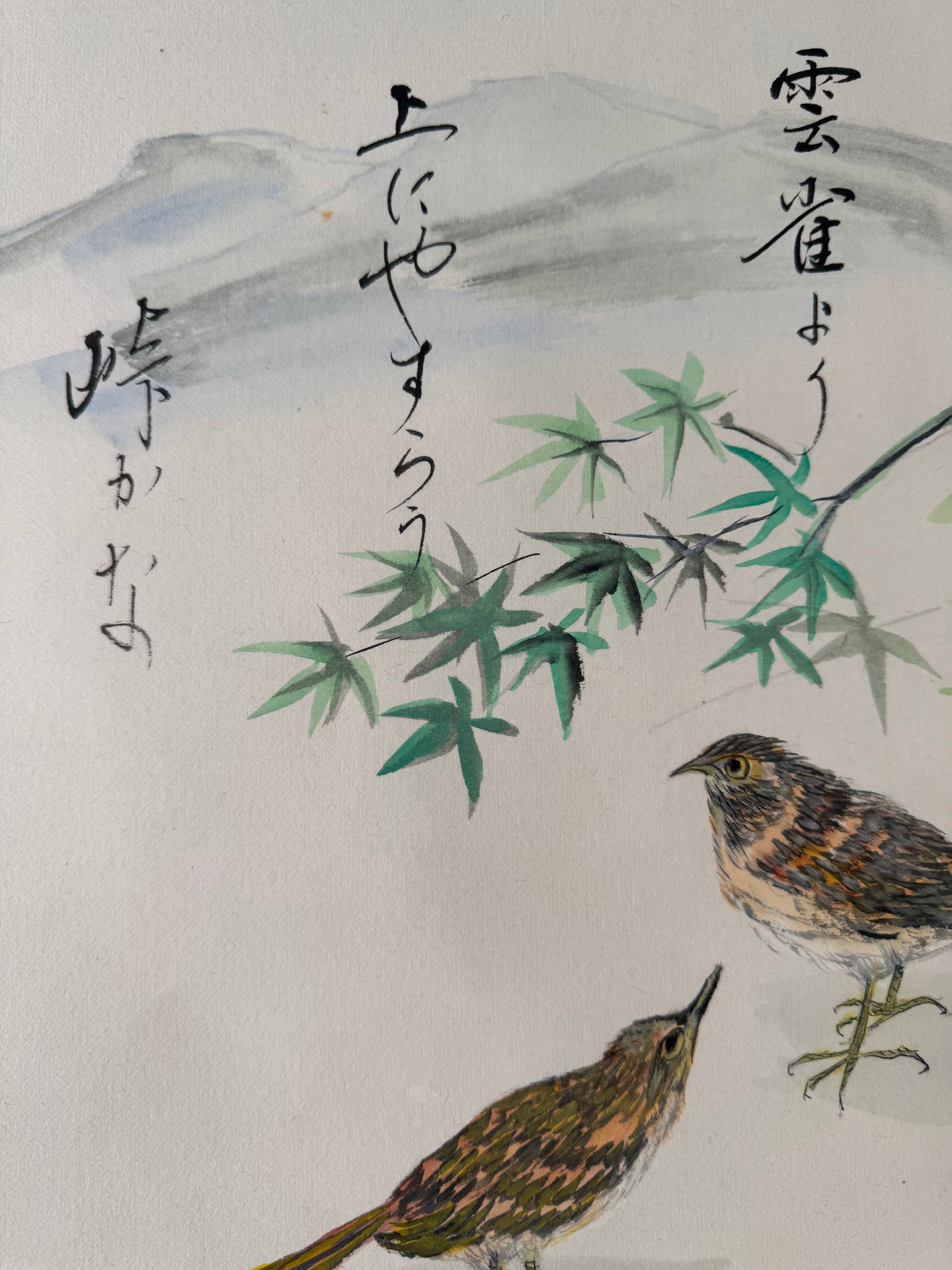 Japanese Kakemono with Two Birds & Maple Leaves – Hand-Painted Nature Hanging Scroll with Calligraphy