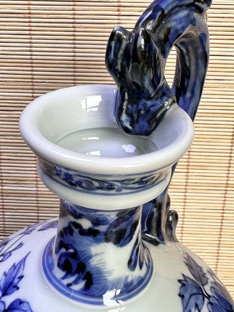 Vintage Japanese Blue and White Porcelain Ewer, Dragon Handle Peony Design