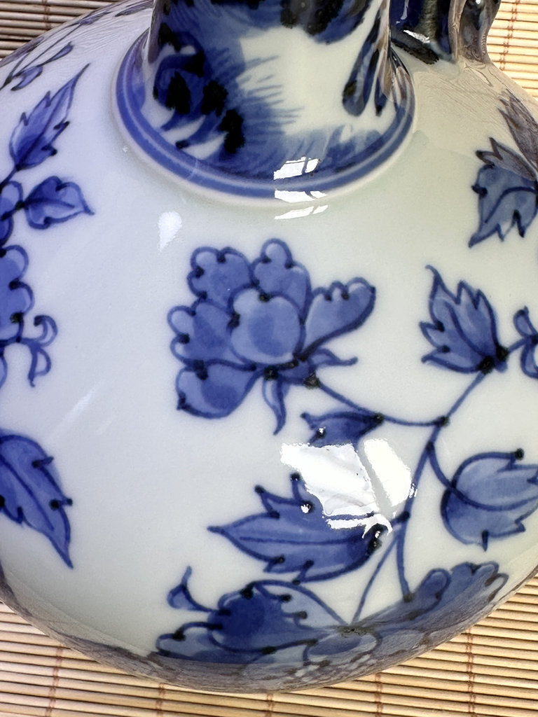 Vintage Japanese Blue and White Porcelain Ewer, Dragon Handle Peony Design