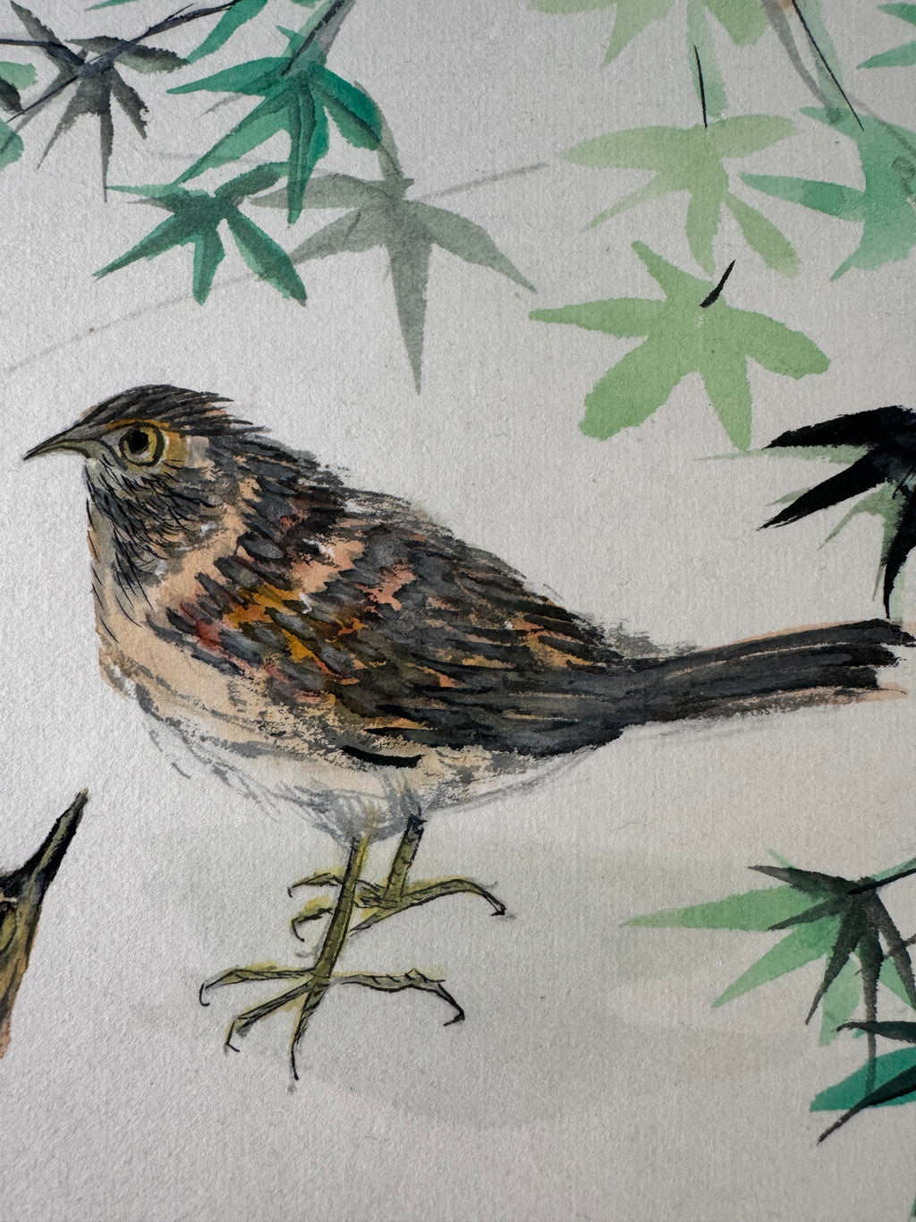 Japanese Kakemono with Two Birds & Maple Leaves – Hand-Painted Nature Hanging Scroll with Calligraphy