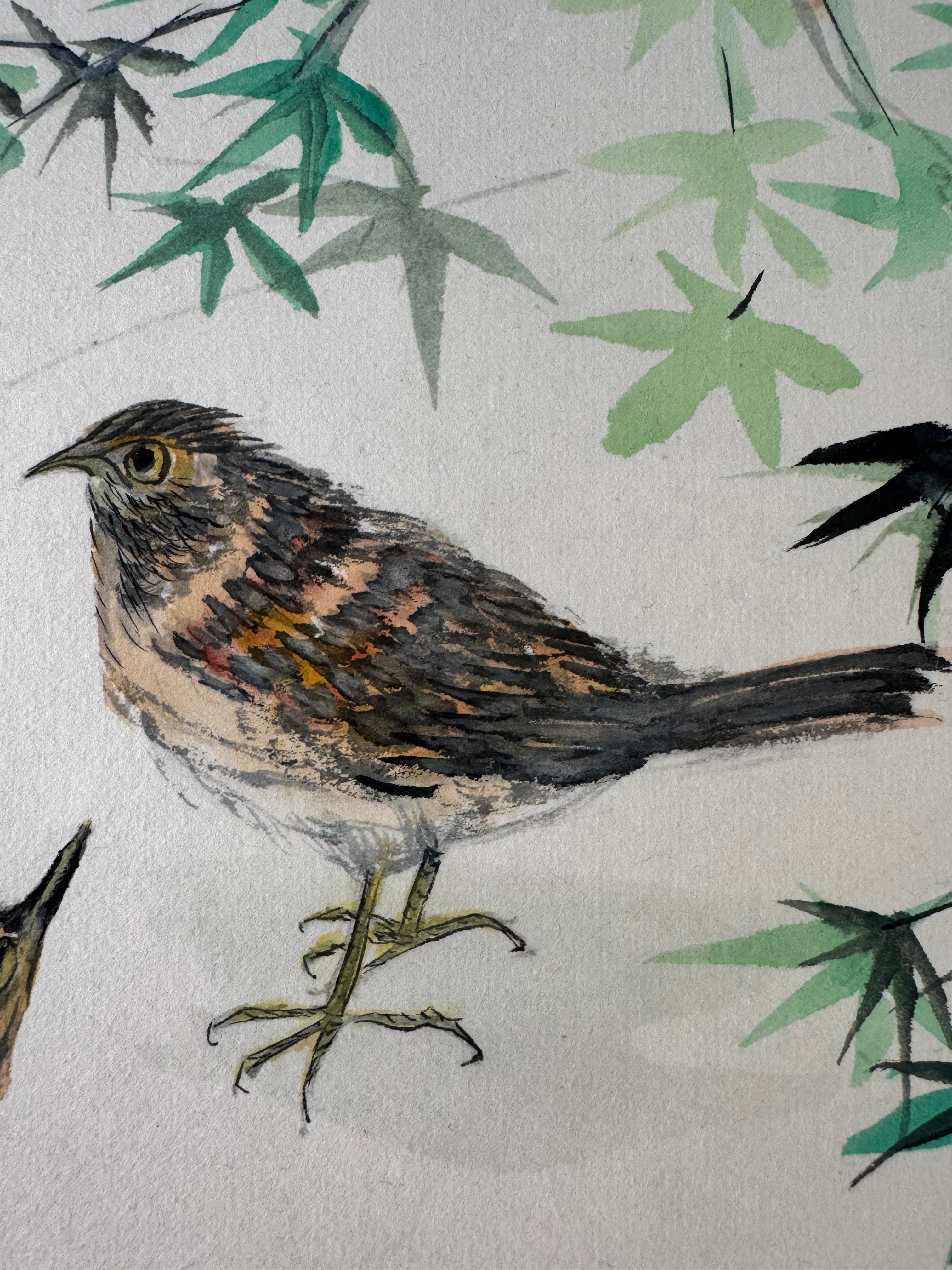 Japanese Kakemono with Two Birds & Maple Leaves – Hand-Painted Nature Hanging Scroll with Calligraphy