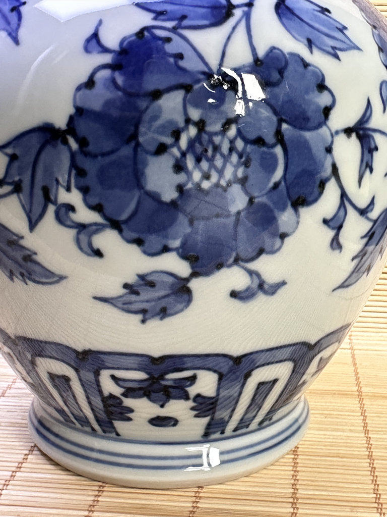 Vintage Japanese Blue and White Porcelain Ewer, Dragon Handle Peony Design