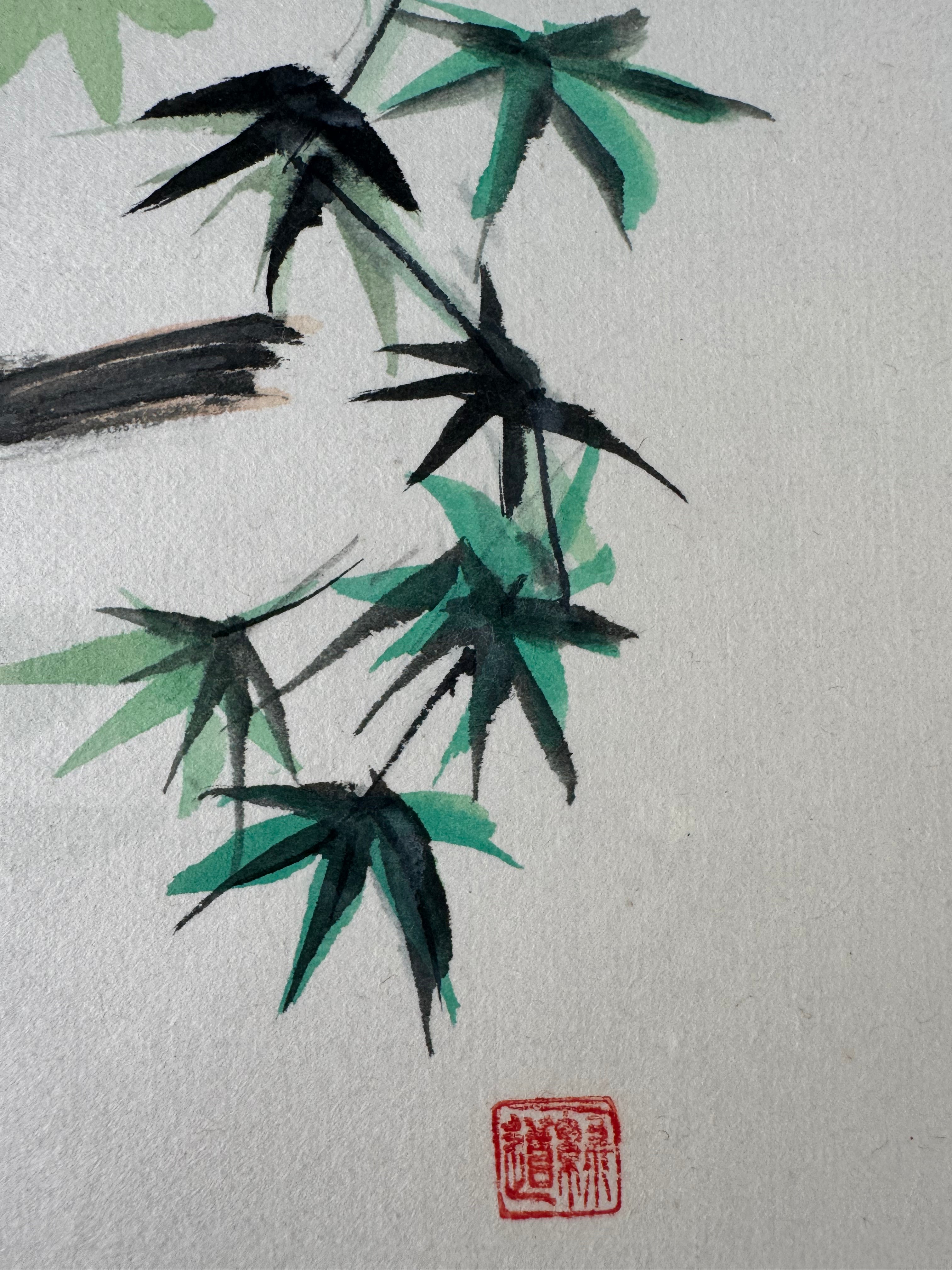 Japanese Kakemono with Two Birds & Maple Leaves – Hand-Painted Nature Hanging Scroll with Calligraphy