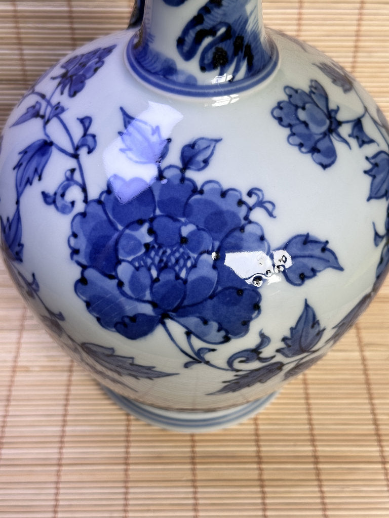Vintage Japanese Blue and White Porcelain Ewer, Dragon Handle Peony Design