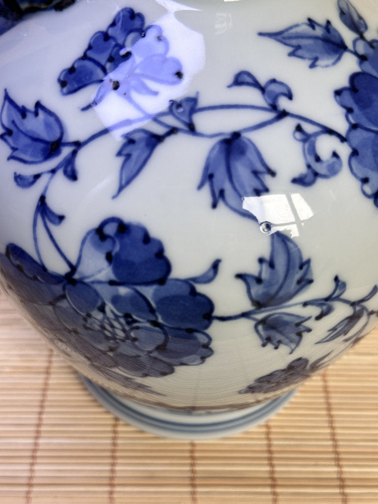 Vintage Japanese Blue and White Porcelain Ewer, Dragon Handle Peony Design