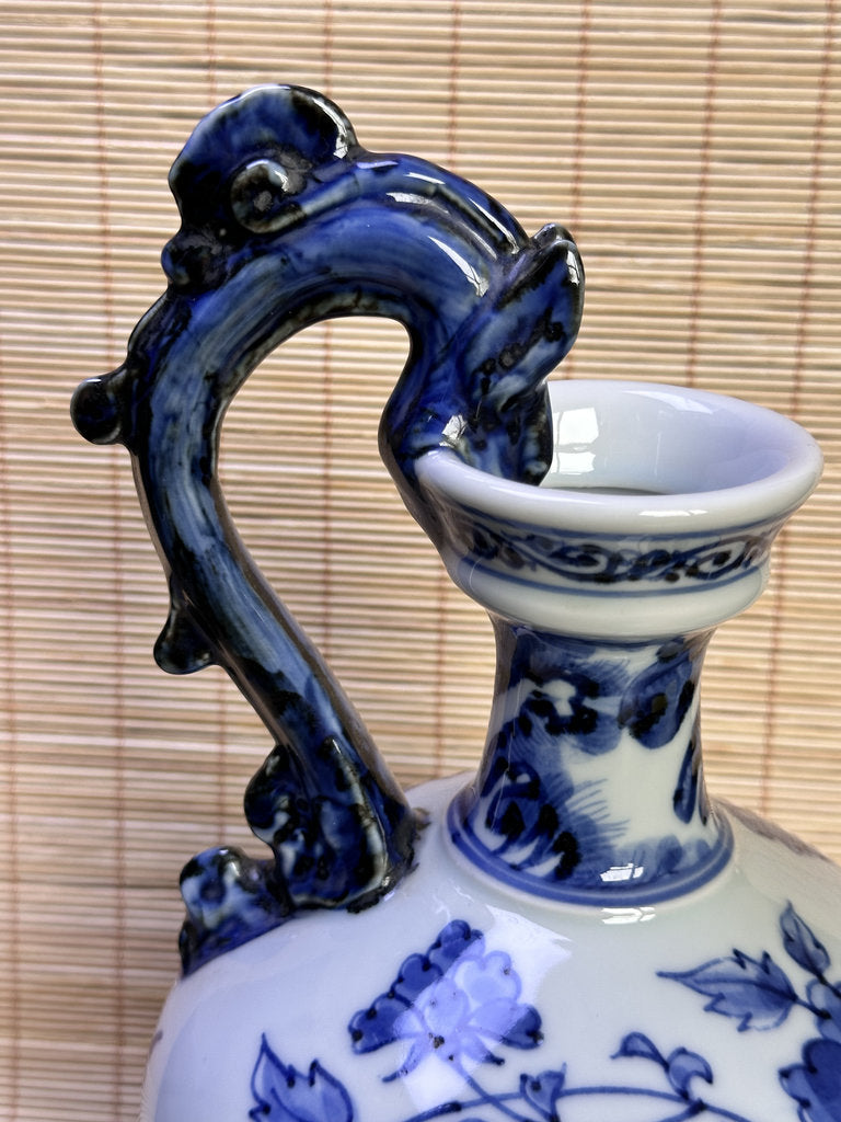 Vintage Japanese Blue and White Porcelain Ewer, Dragon Handle Peony Design