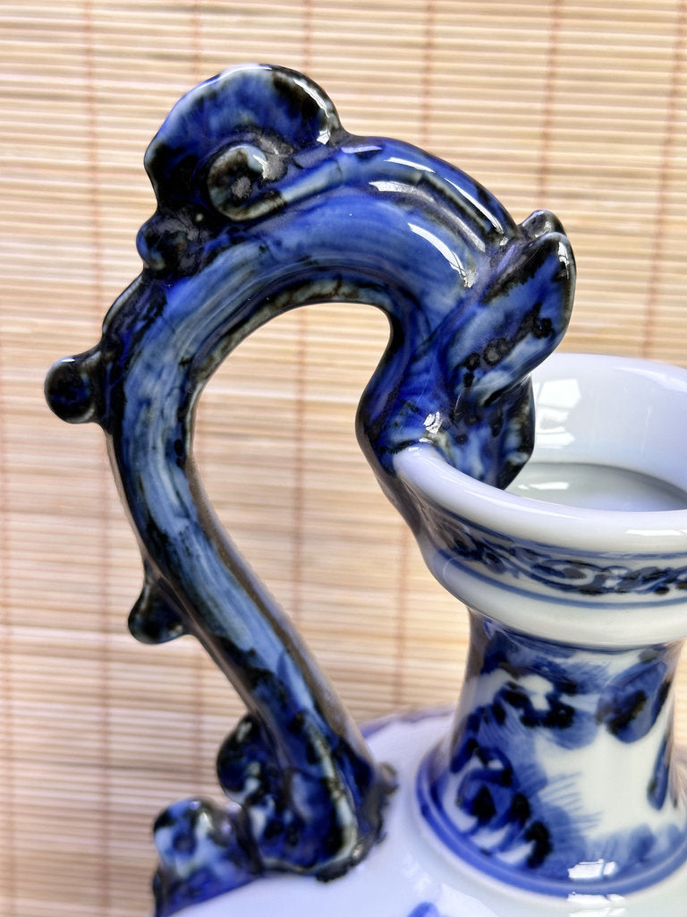 Vintage Japanese Blue and White Porcelain Ewer, Dragon Handle Peony Design