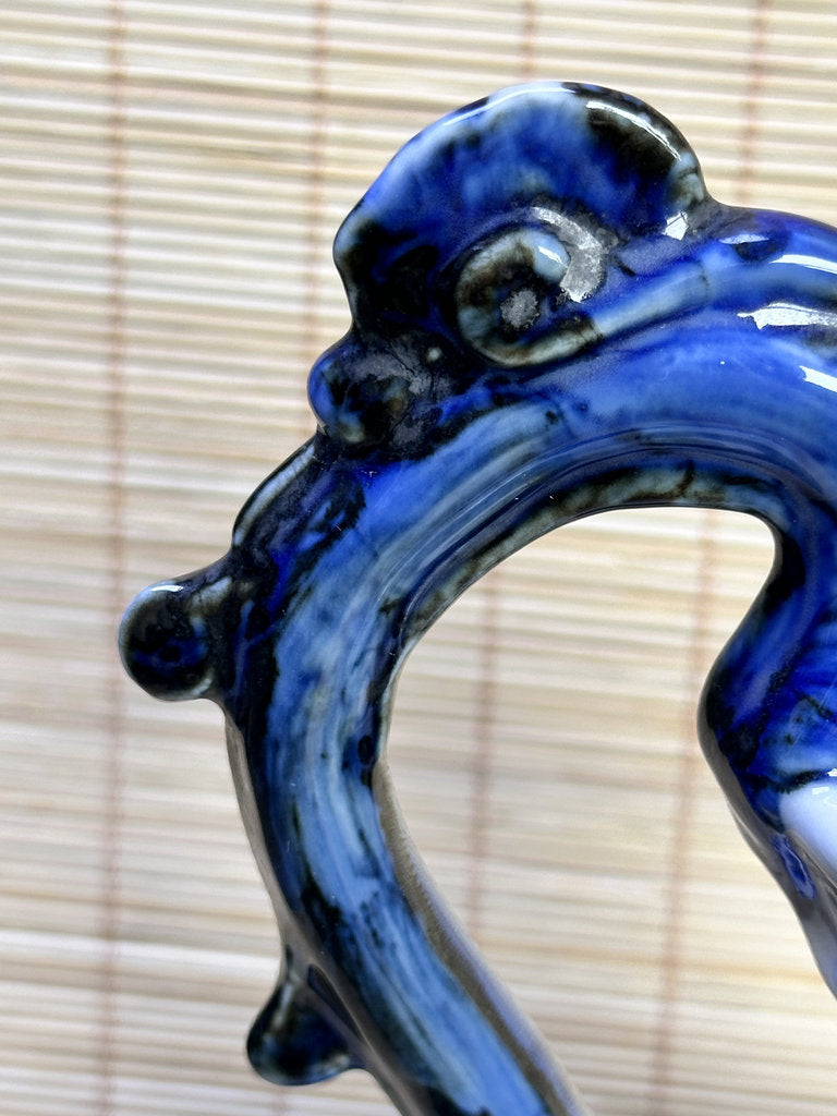 Vintage Japanese Blue and White Porcelain Ewer, Dragon Handle Peony Design