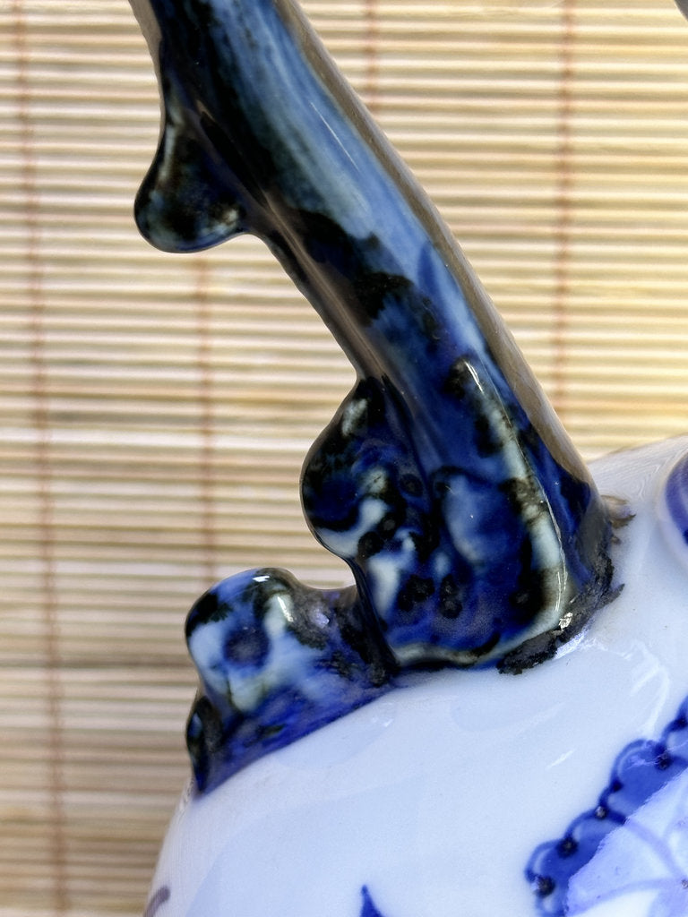 Vintage Japanese Blue and White Porcelain Ewer, Dragon Handle Peony Design